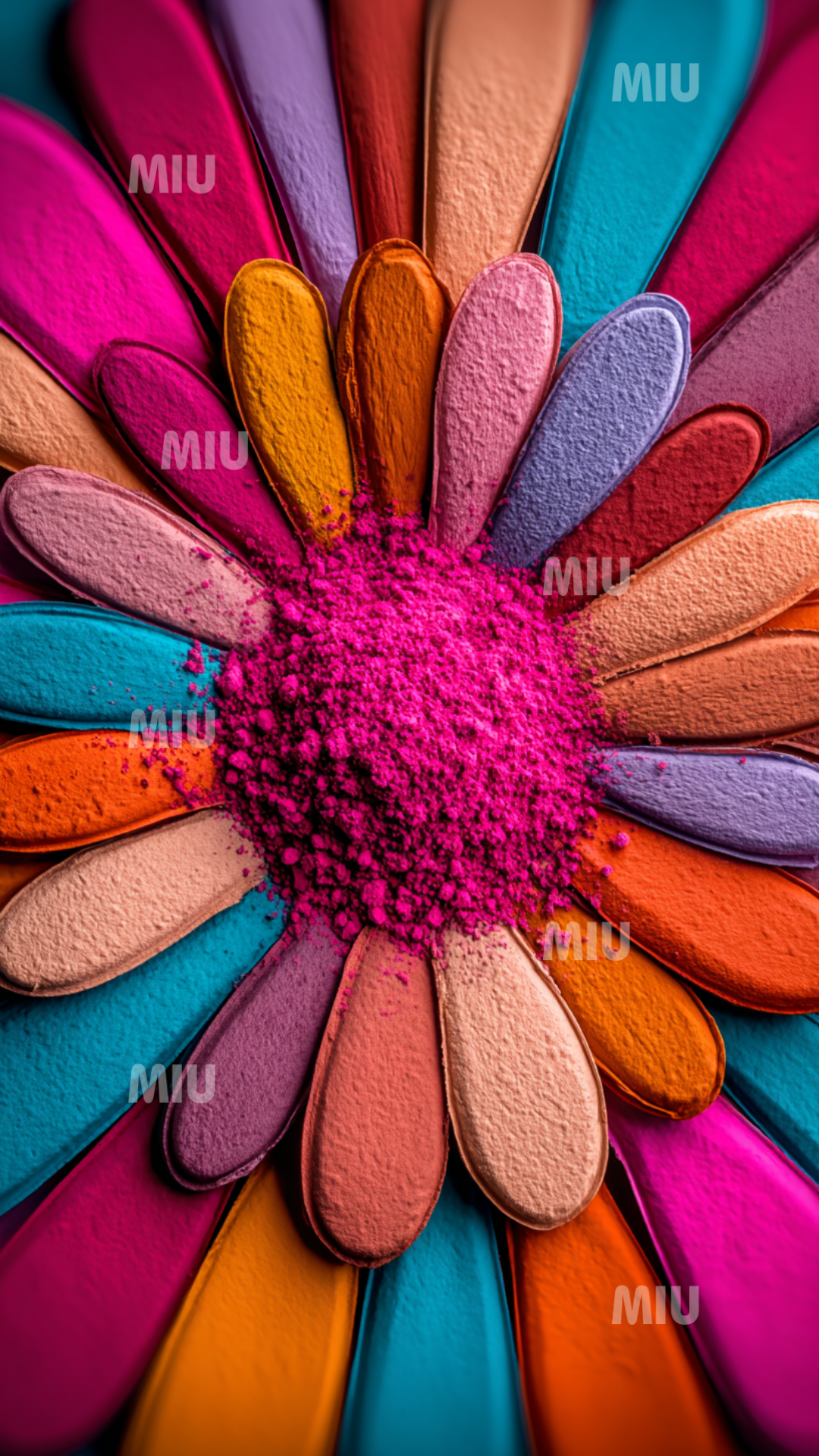 Fleur pigmentaire en gros plan, avec un cœur de poudre rose éclatée et des pétales colorés en texture matte. Palette vive : bleu, orange, rose, mauve, rouge.