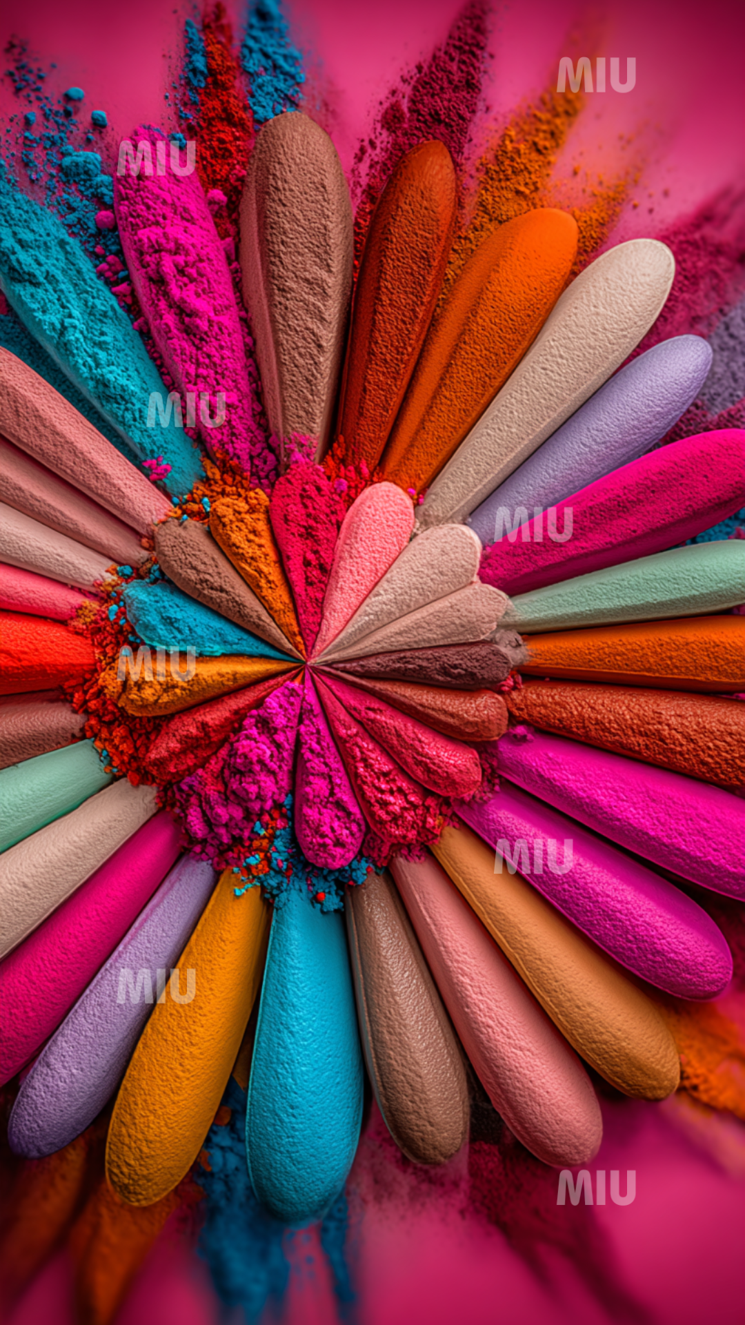 Couronne florale créée à partir de pétales allongés texturés, recouverts de poudre colorée. Explosion pigmentaire autour d’un centre rosé. Style artistique intense.