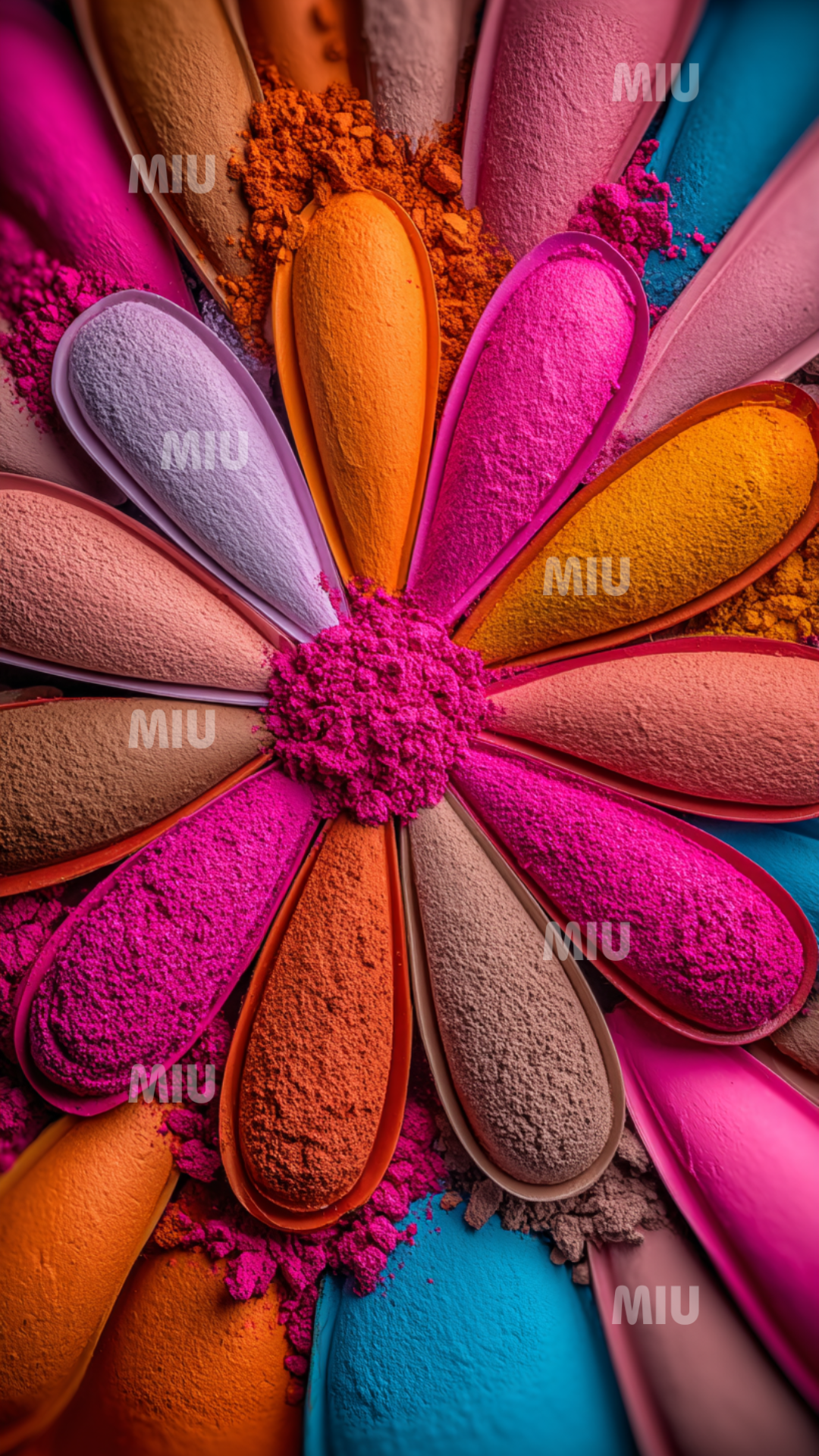 Grande fleur pigmentaire composée de pétales poudrés multicolores entourant un cœur dense de poudre rose. Texture granuleuse, finitions détaillées MIU.