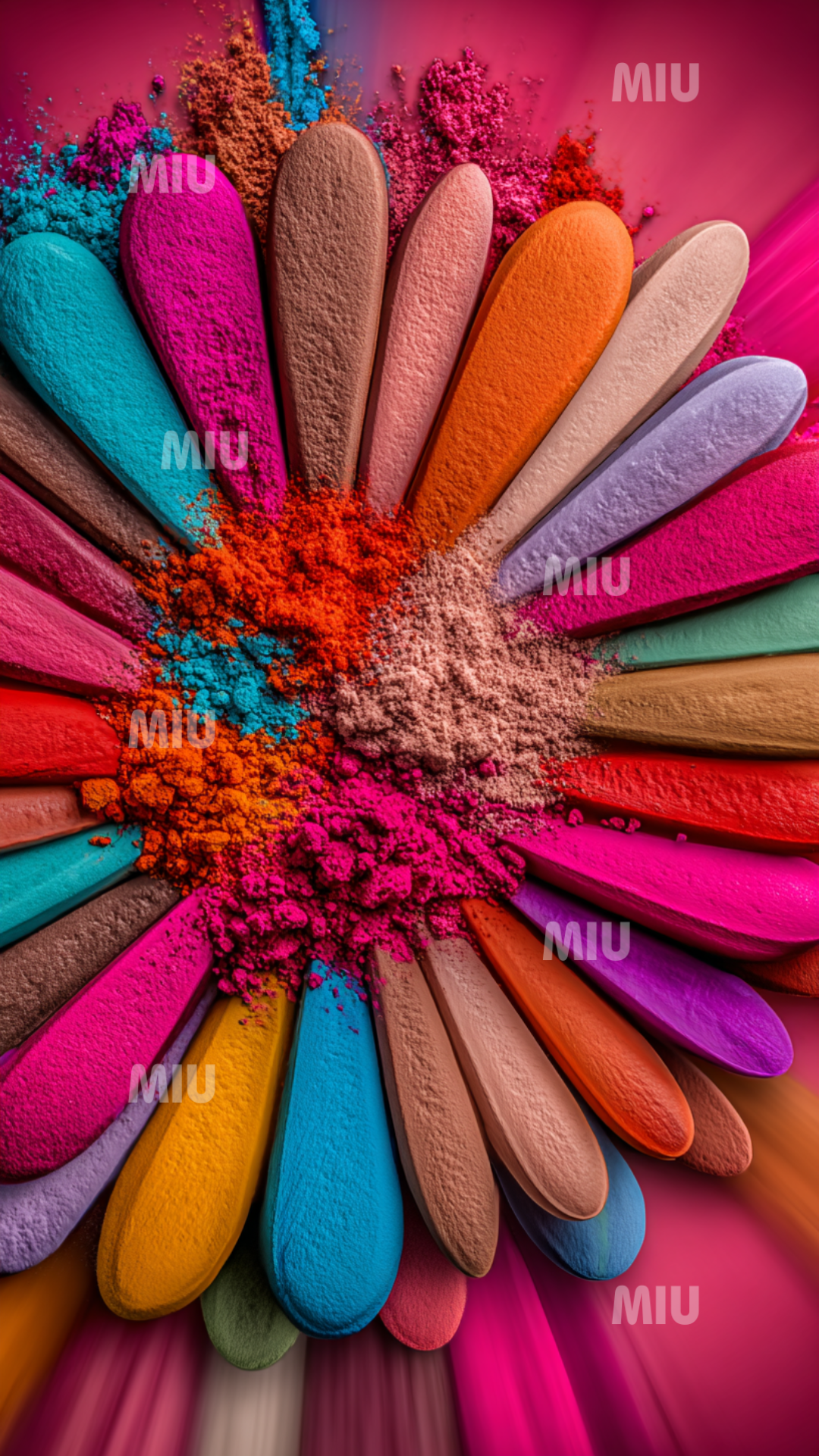 Fleur abstraite en poudre colorée, pétales texturés en nuance pastel et vives. Centre explosif de pigments roses et oranges. Composition florale artistique MIU.