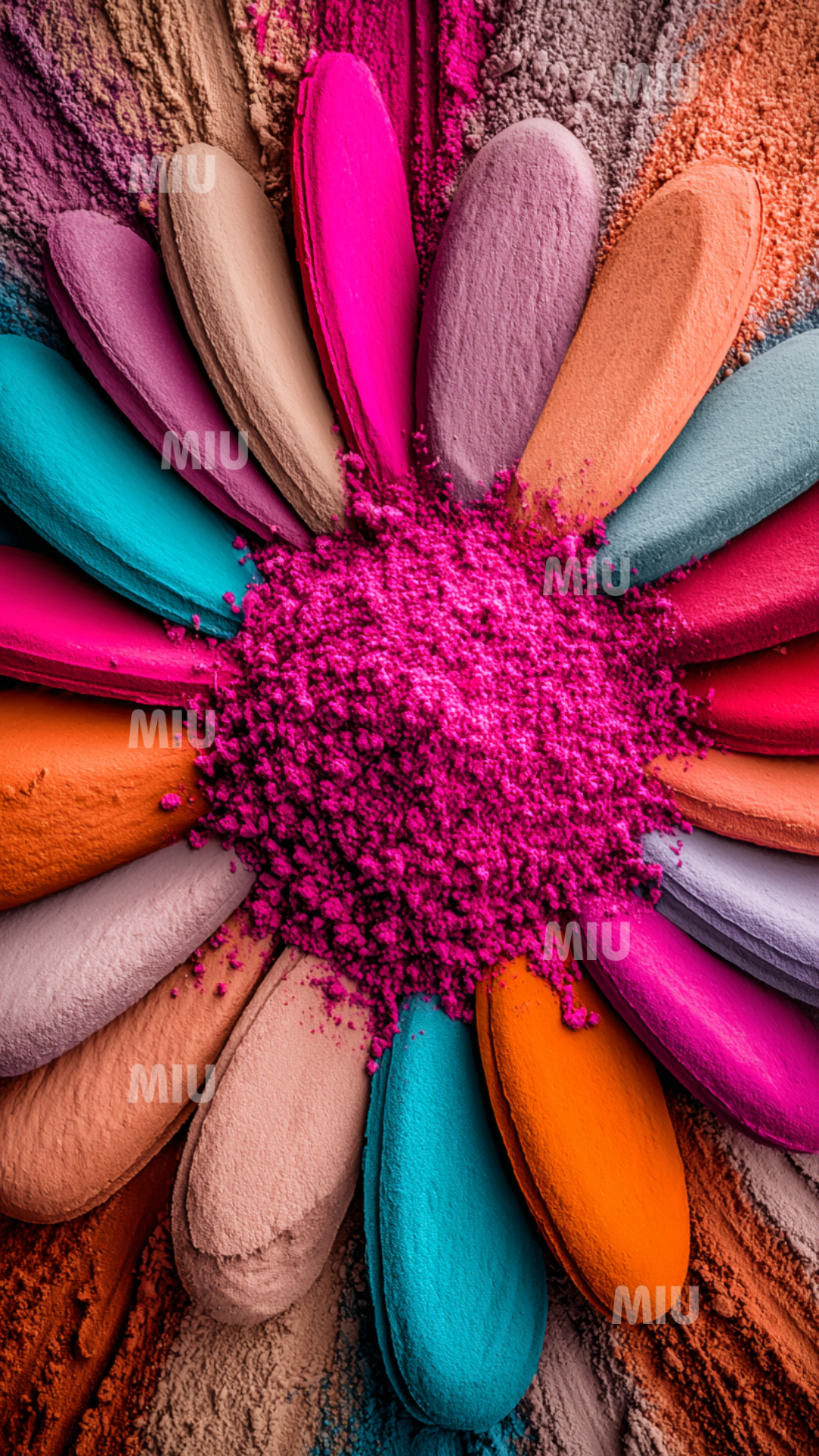 Pétales colorés disposés en étoile autour d’un cœur saturé de poudre rose, avec mouvement dynamique des pigments. Couleurs vives : turquoise, orange, rose, beige.