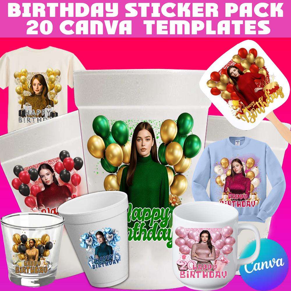 cup sticker template, birthday cup design, editable canva template, styrofoam cup sticker, mug design, party cup labels, printable birthday labels, canva birthday template, cup wrap template, party favors digital