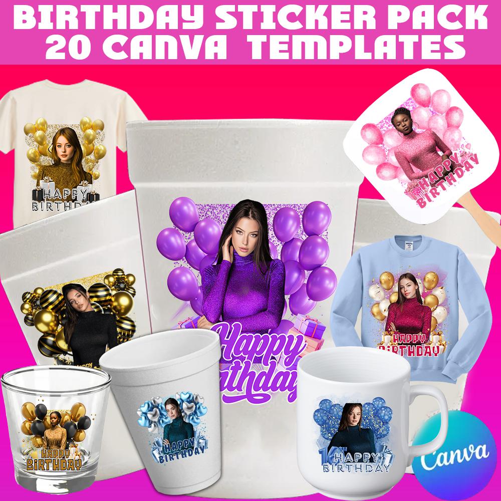 cup sticker template, birthday cup design, editable canva template, styrofoam cup sticker, mug design, party cup labels, printable birthday labels, canva birthday template, cup wrap template, party favors digital