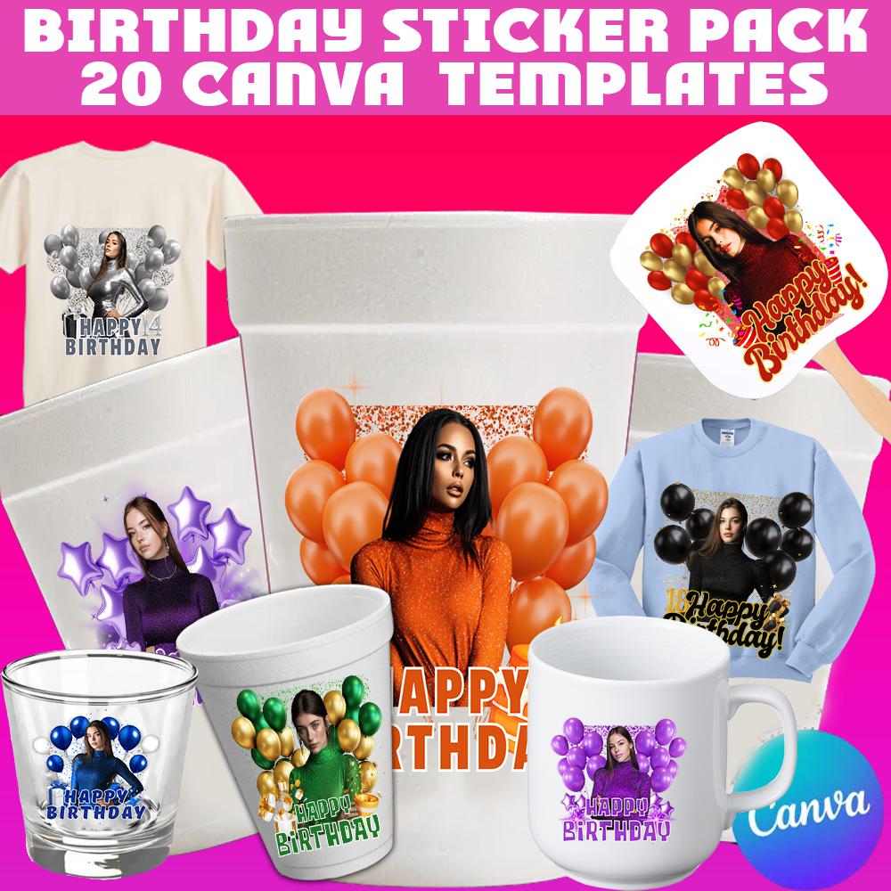 cup sticker template, birthday cup design, editable canva template, styrofoam cup sticker, mug design, party cup labels, printable birthday labels, canva birthday template, cup wrap template, party favors digital