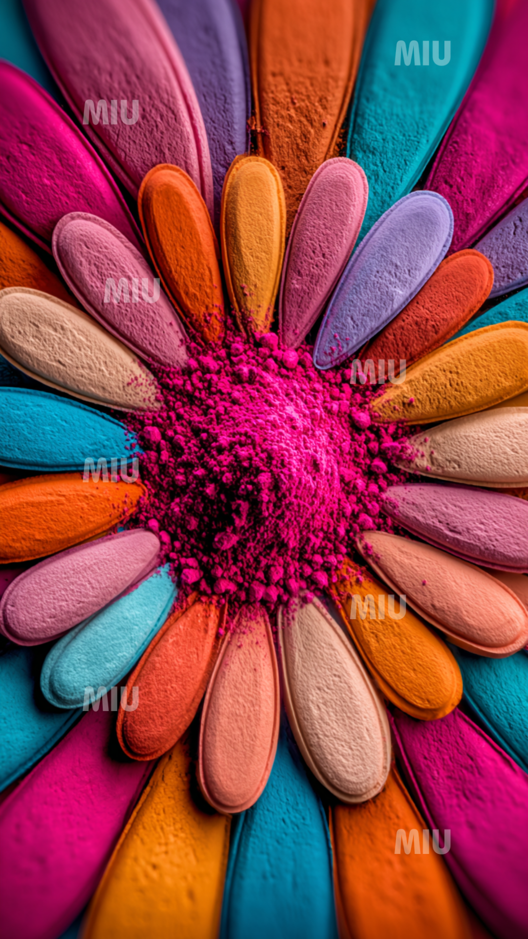 Fleur pigmentaire aux pétales vifs et textures granuleuses, dégageant une énergie colorée intense.