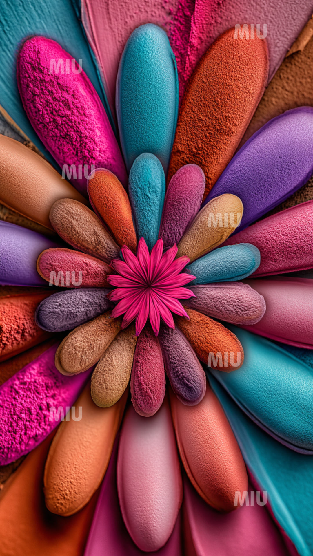 Fleur éclatée en multiples fragments pigmentaires, pétales colorés texturés et centre explosé.