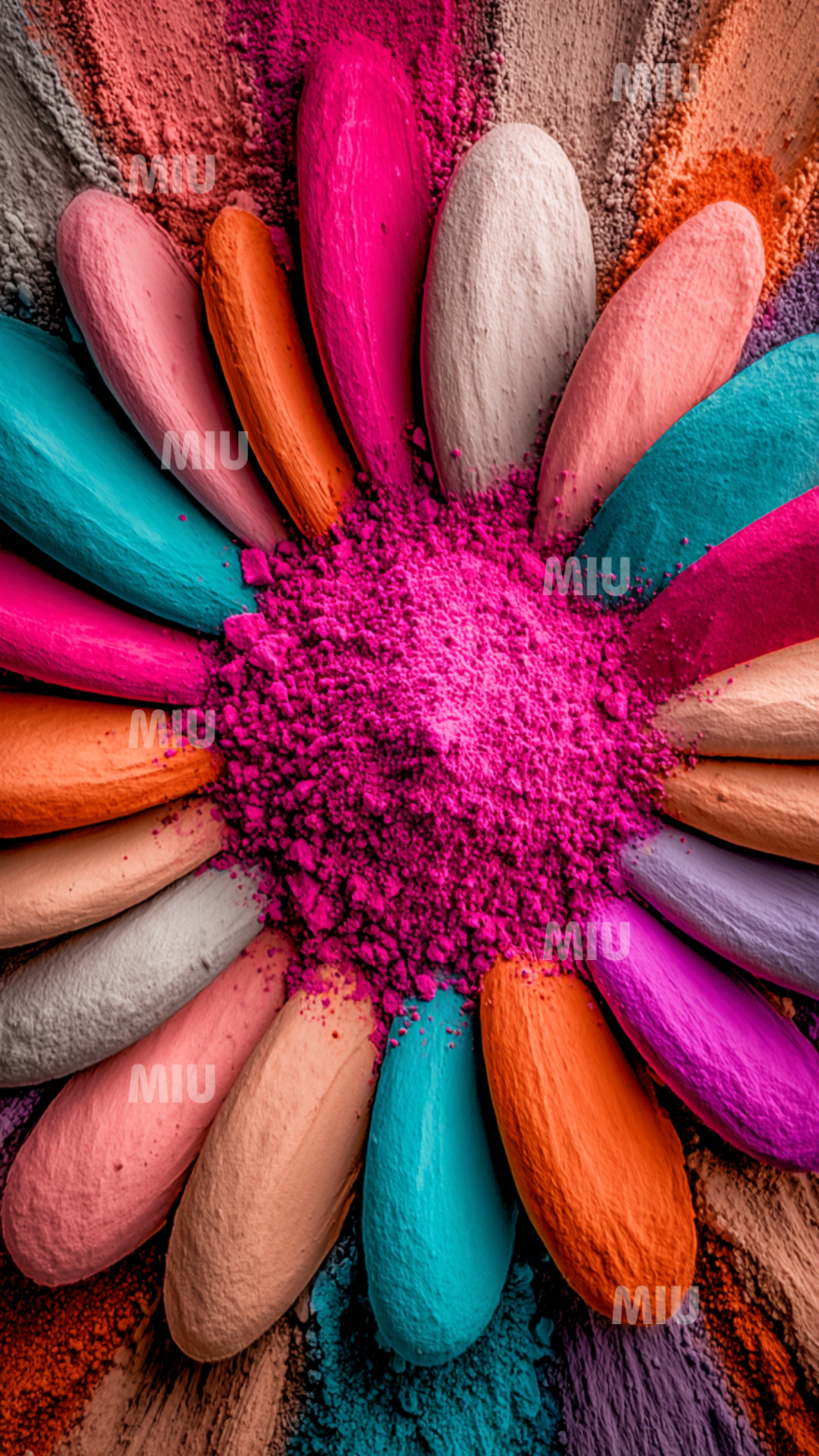 Explosion florale pigmentaire avec pétales colorés et centre éclaté rose fuchsia. Motif dynamique et texturé.