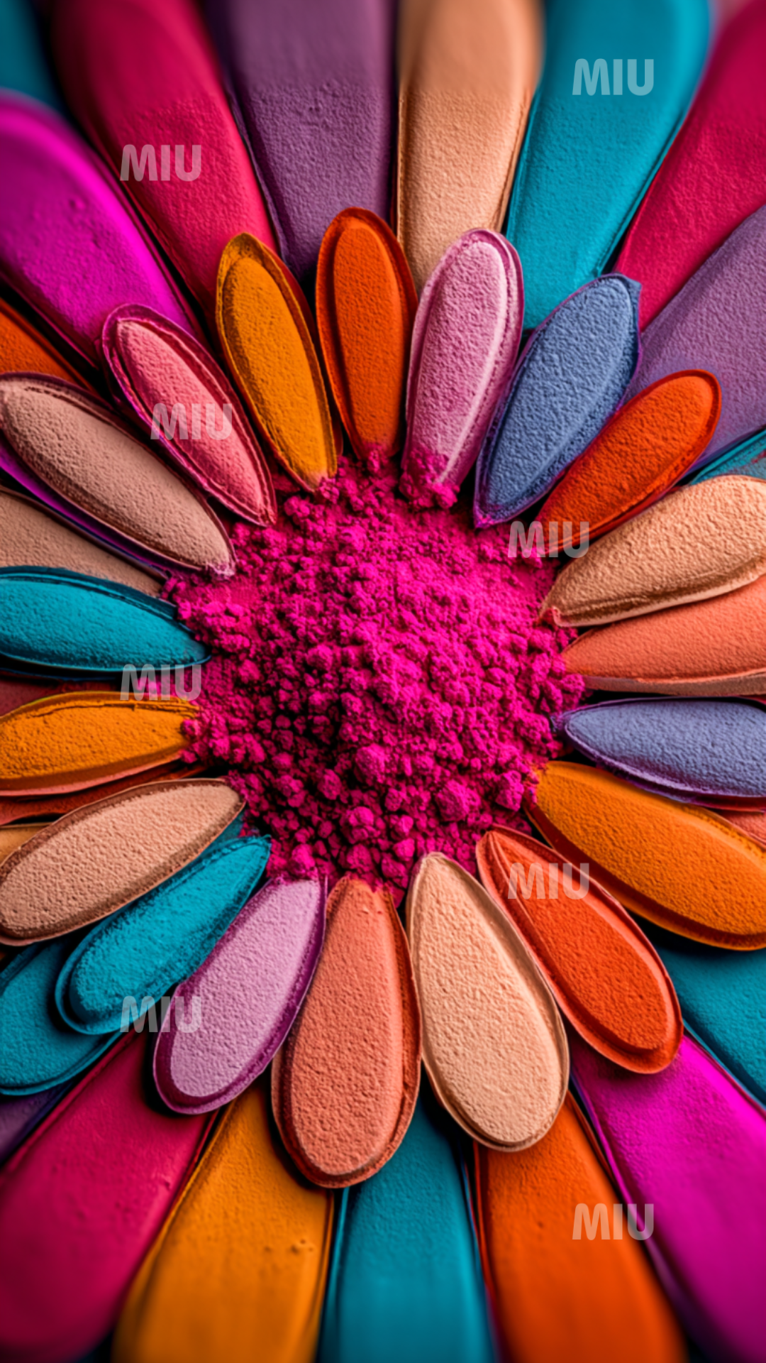 Composition florale en cercle avec un cœur dense de poudre rose et pétales multicolores texturés.