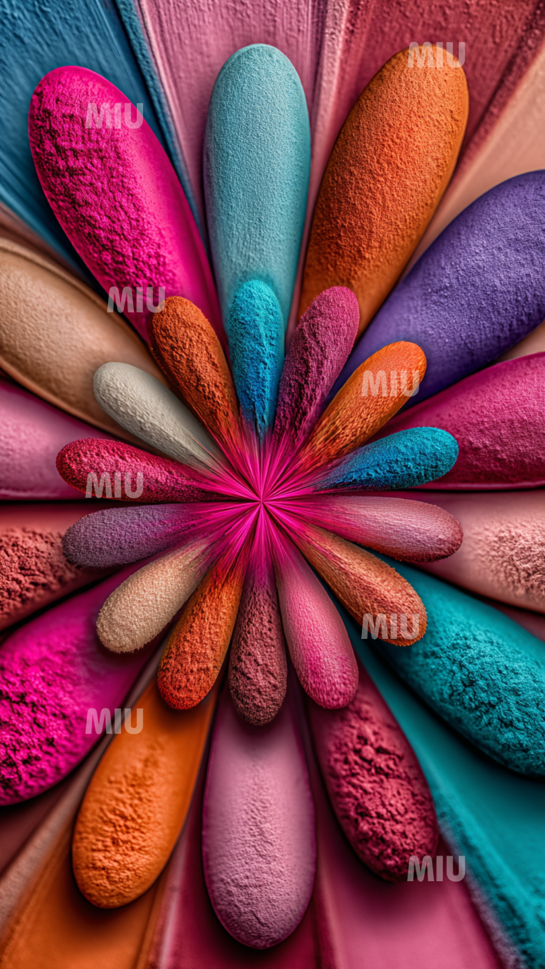 Pétales colorés disposés en tourbillon autour d’un centre pigmentaire rose vif, effet dynamique et texturé.