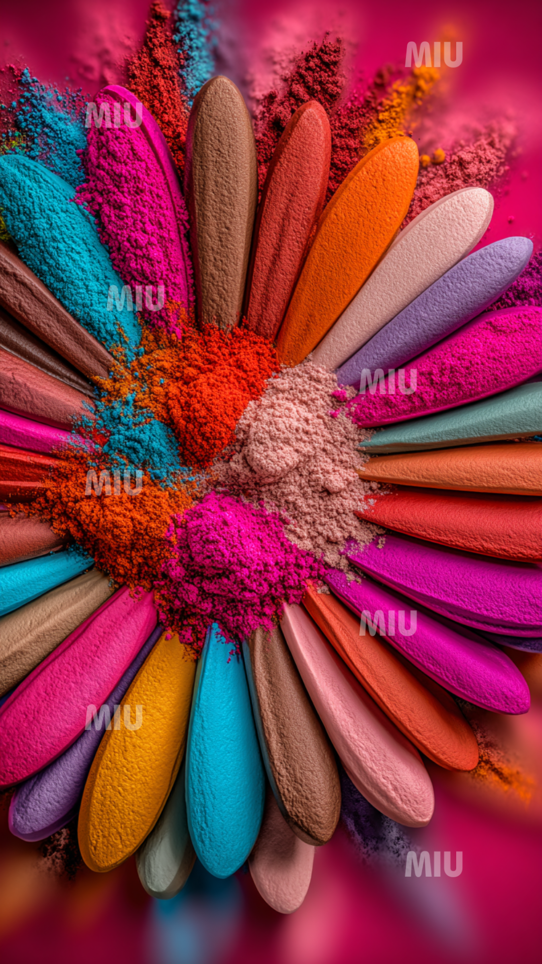 Mélange doux de pigments colorés formant une fleur texturée aux tons vibrants.