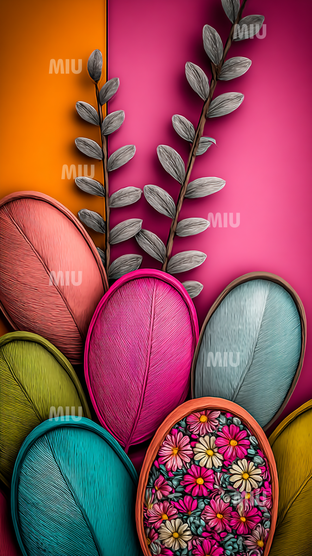 Composition florale avec grandes formes ovales texturées et éléments botaniques sculptés, dans une palette vive rose, turquoise et orange.