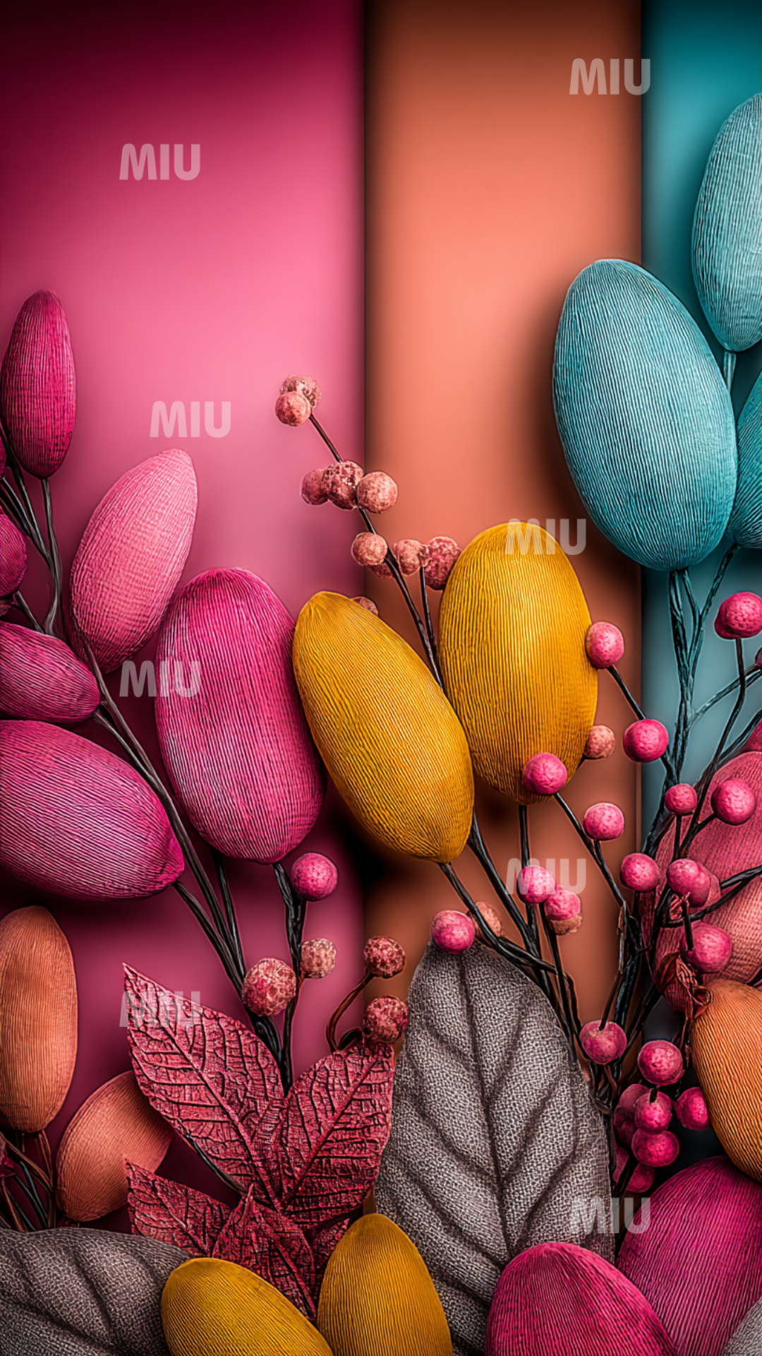 Motif botanique coloré avec feuilles texturées et petites graines rondes dans des tons roses, jaunes et turquoise sur fond dégradé.