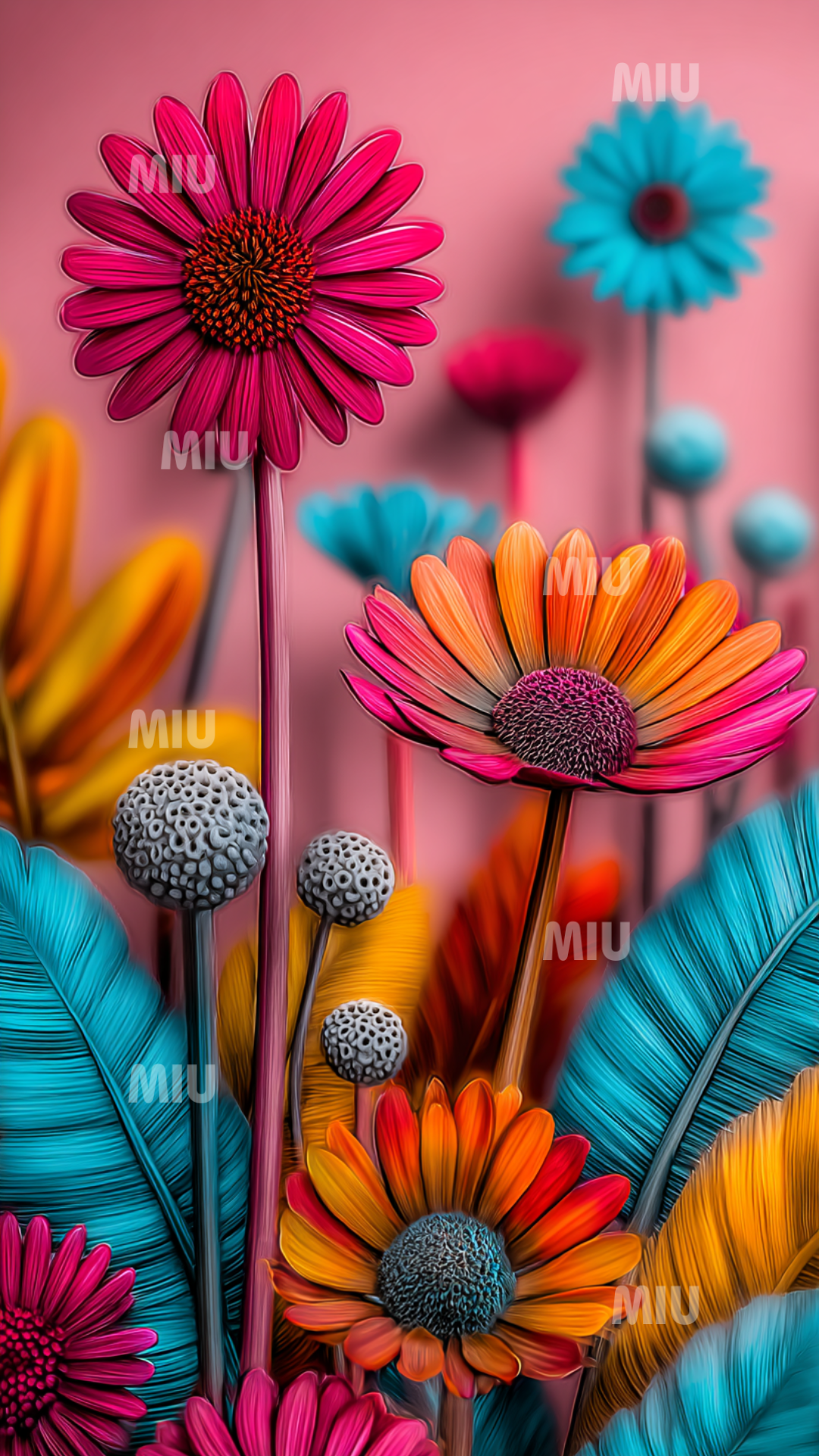 Fleurs colorées et feuilles texturées avec tiges fines, créant une scène botanique joyeuse dans des teintes rose, bleu et orange.