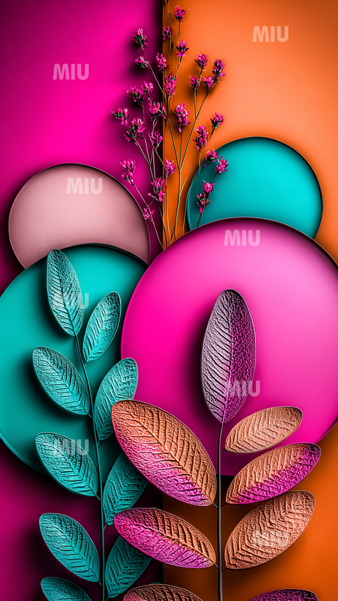 Grandes formes circulaires texturées et tiges florales stylisées dans des tons roses, bleus et orange.