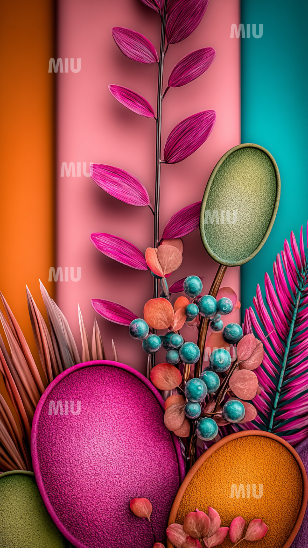Branches végétales ornées de perles botaniques turquoise et roses, accompagnées de grandes feuilles texturées.
