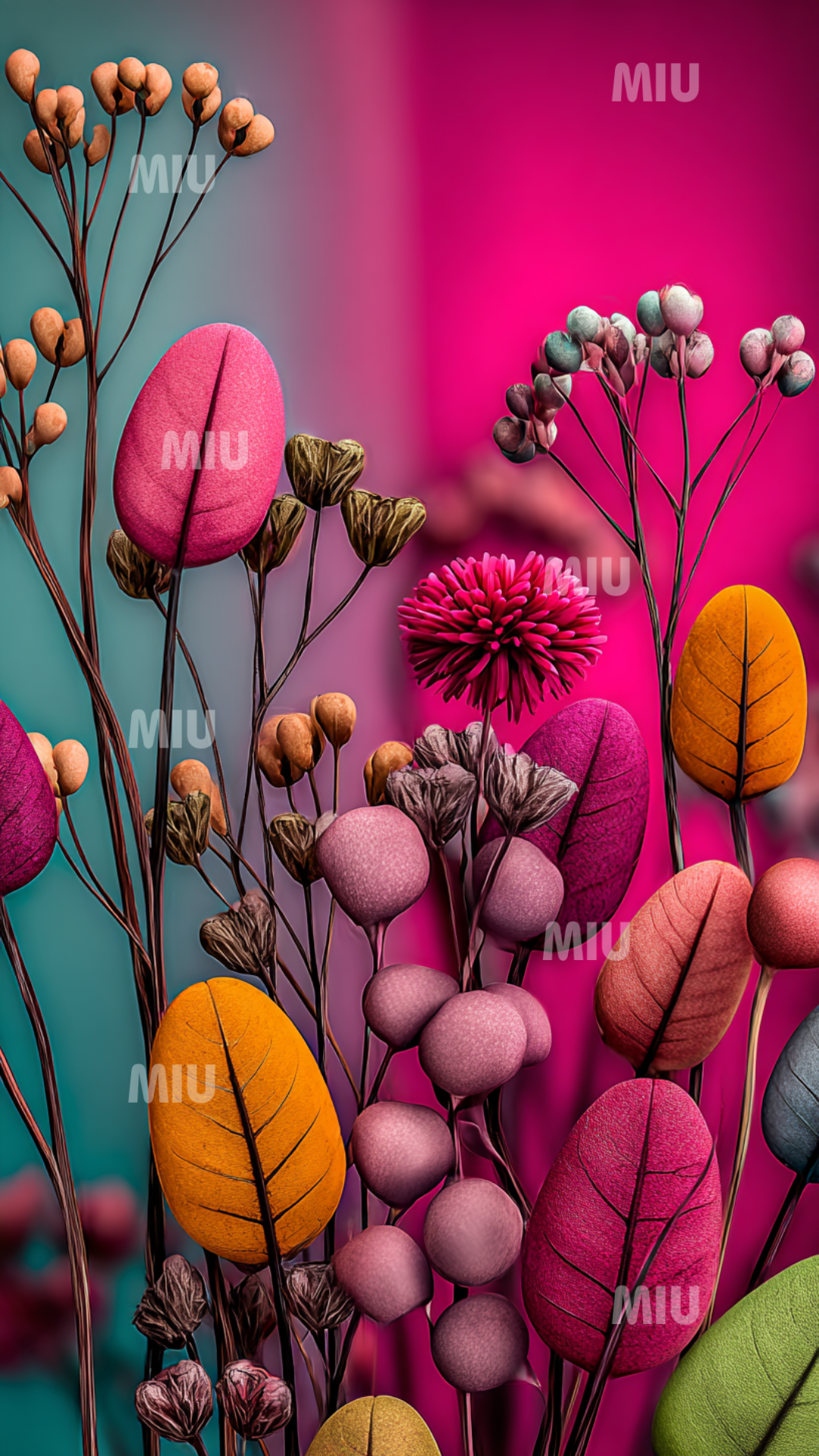 Brindilles botaniques élancées avec fleurs miniatures et perles colorées sur un fond rose et violet façon crépuscule.