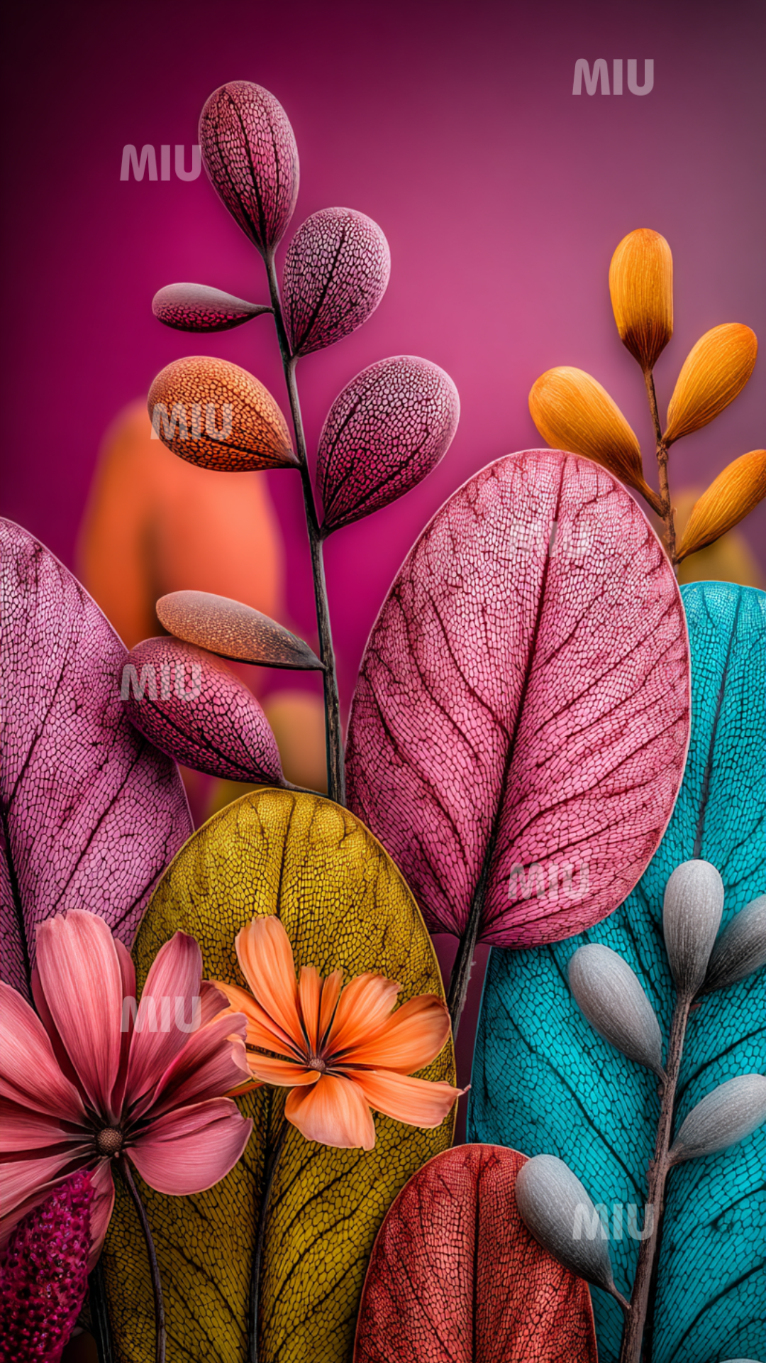 Feuilles sculptées effet marbré entourées de fleurs et tiges botaniques dans une palette rose, mauve et turquoise.