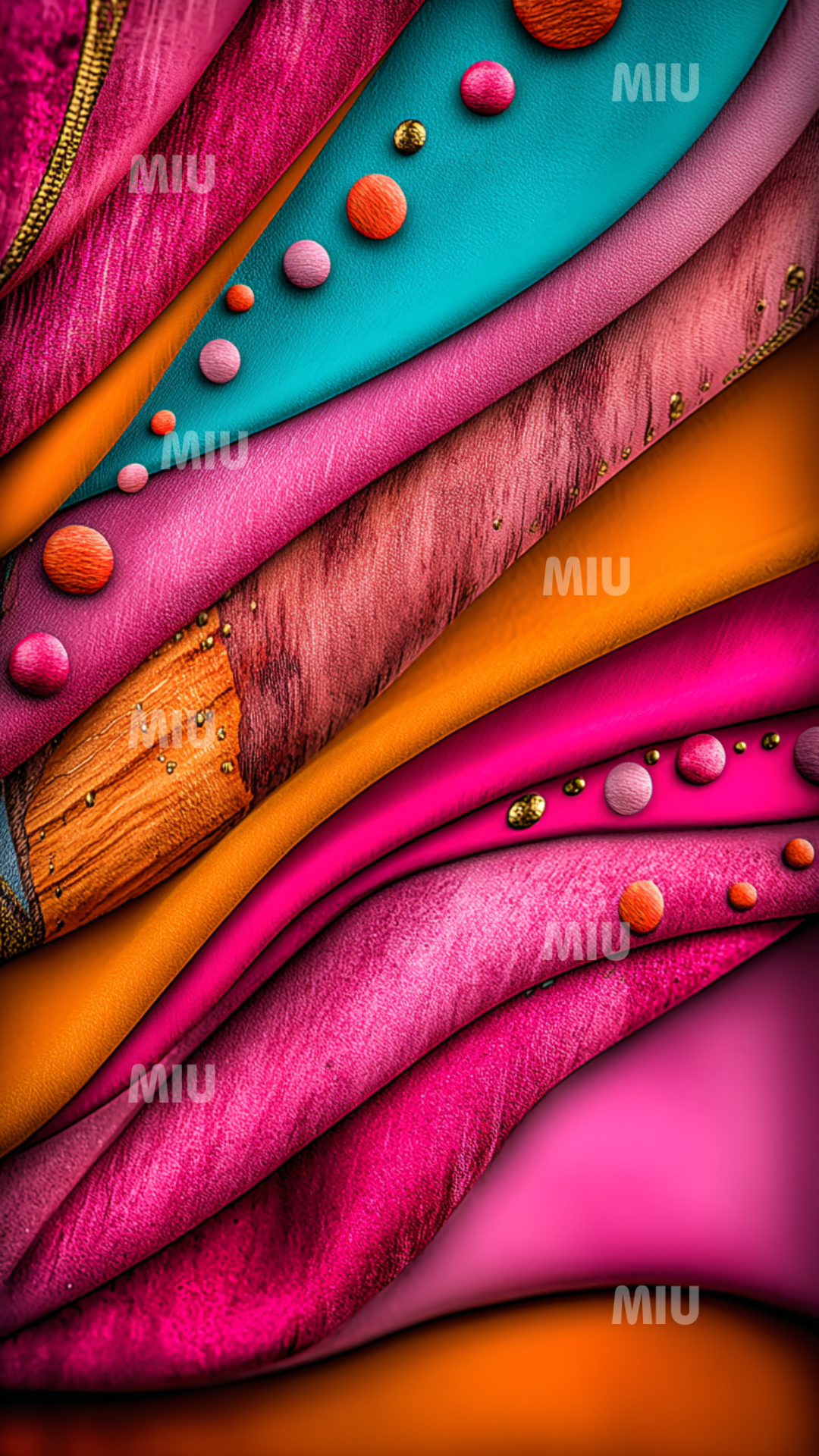 Ondulations textiles chromatiques rappelant des gemmes colorées, en rose, turquoise et orange, avec texture sculptée subtile.