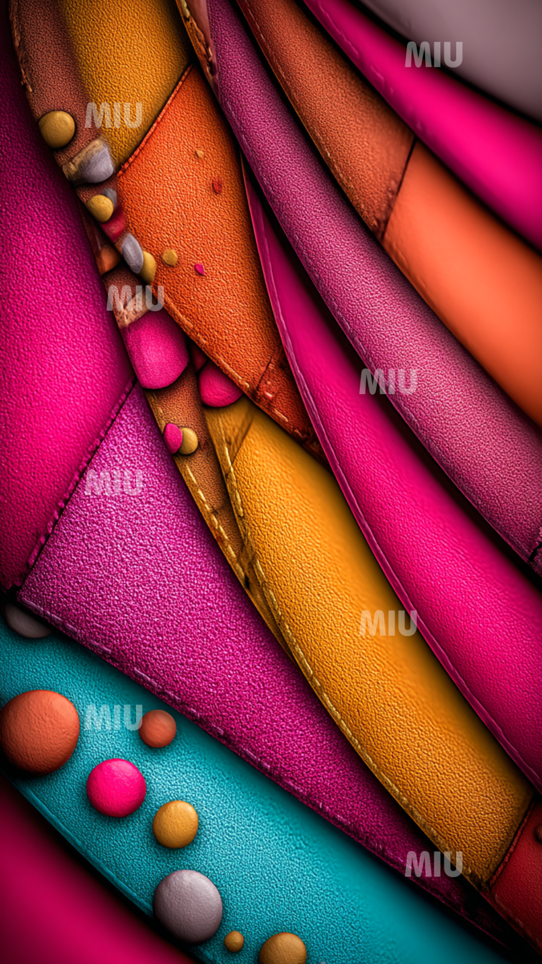 Étoffes superposées aux teintes turquoise, rose et cuivre, sculptées en motifs ornementaux rayonnants MIU.