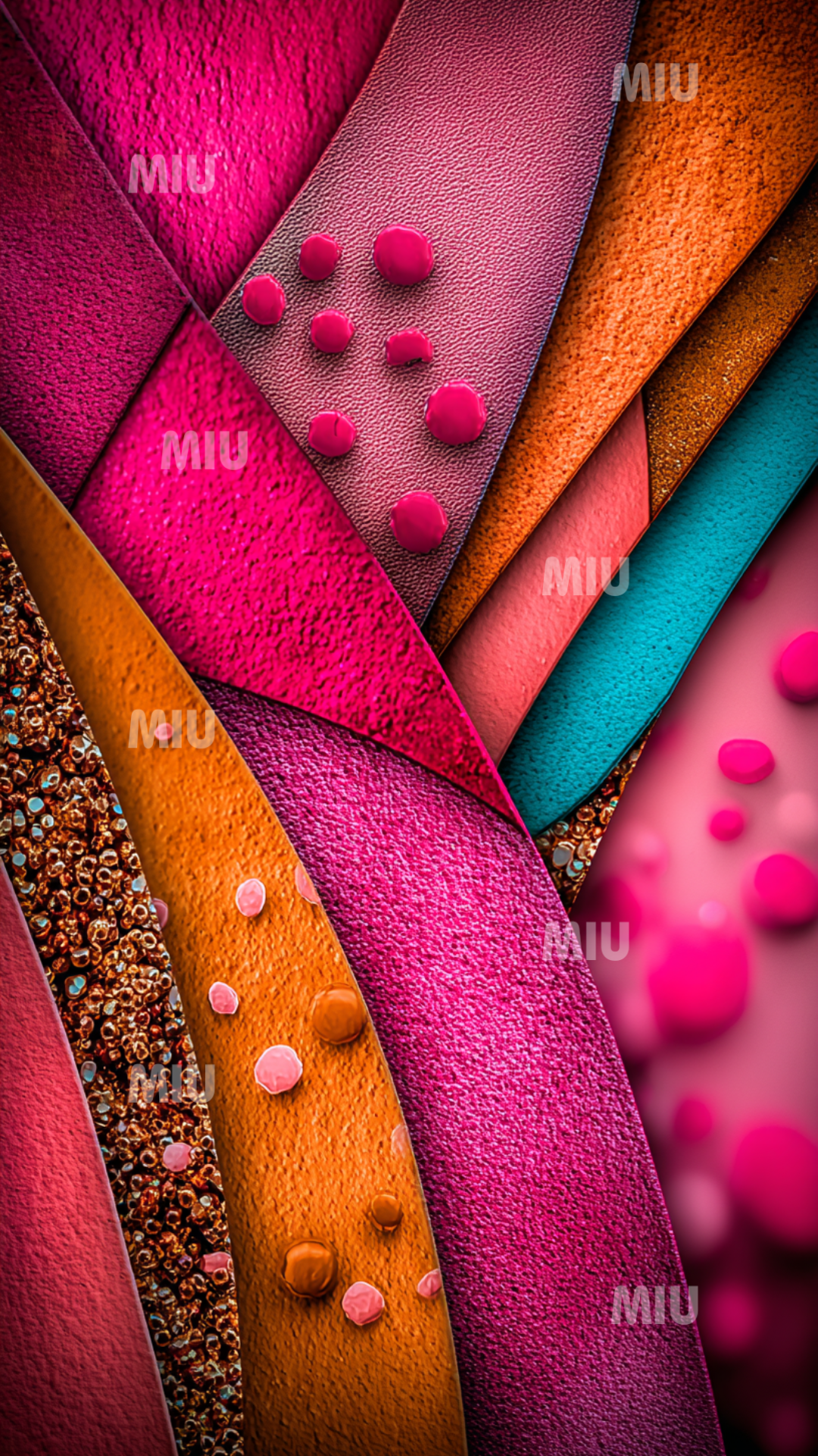 Motif d’étoffe sculptée aux lignes fluides roses et orange, rehaussé de formes décoratives rappelant des pétales stylisés.