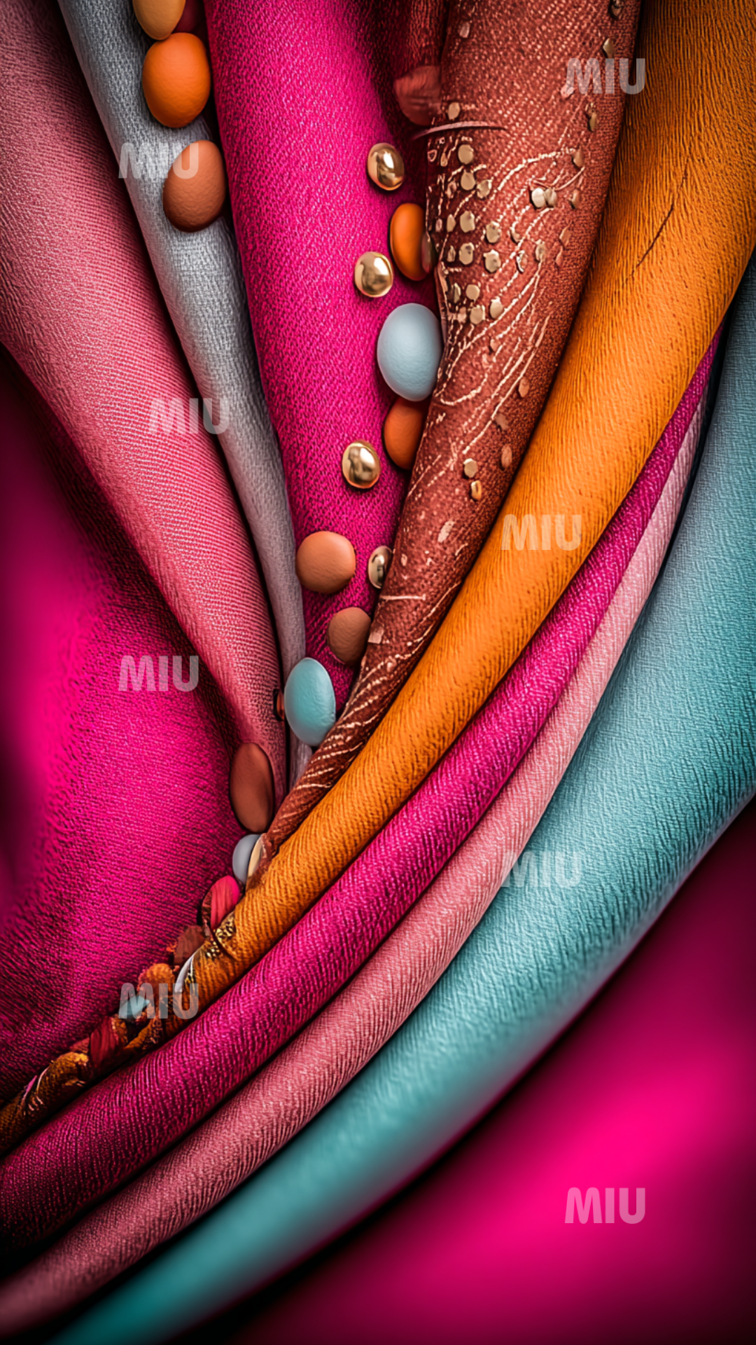 Textures d’étoffes drapées aux tons rose, cuivre et turquoise, sculptées en mouvements fusionnés et harmonieux.