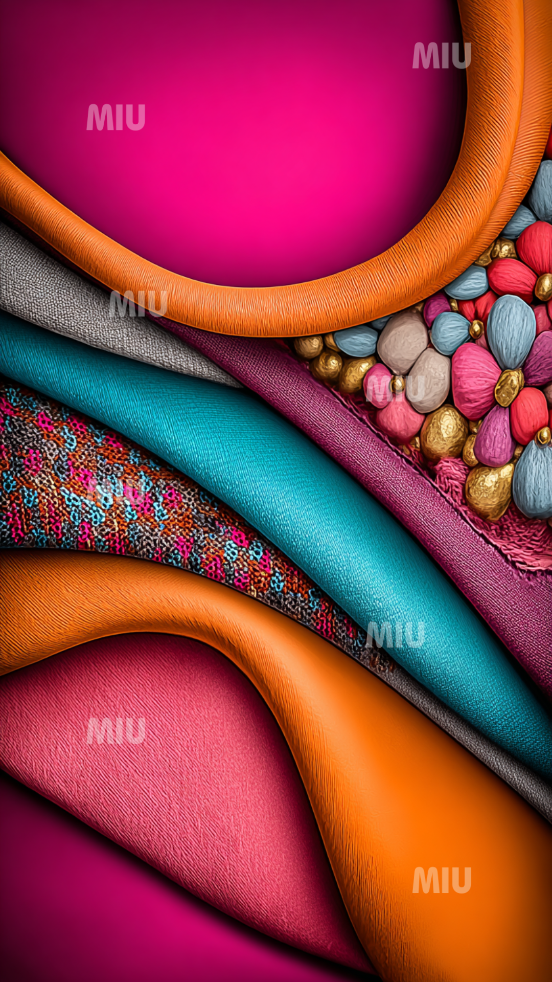 Motif textile tissé aux couleurs vibrantes rose et orange, avec détails sculptés évoquant des éclats précieux.