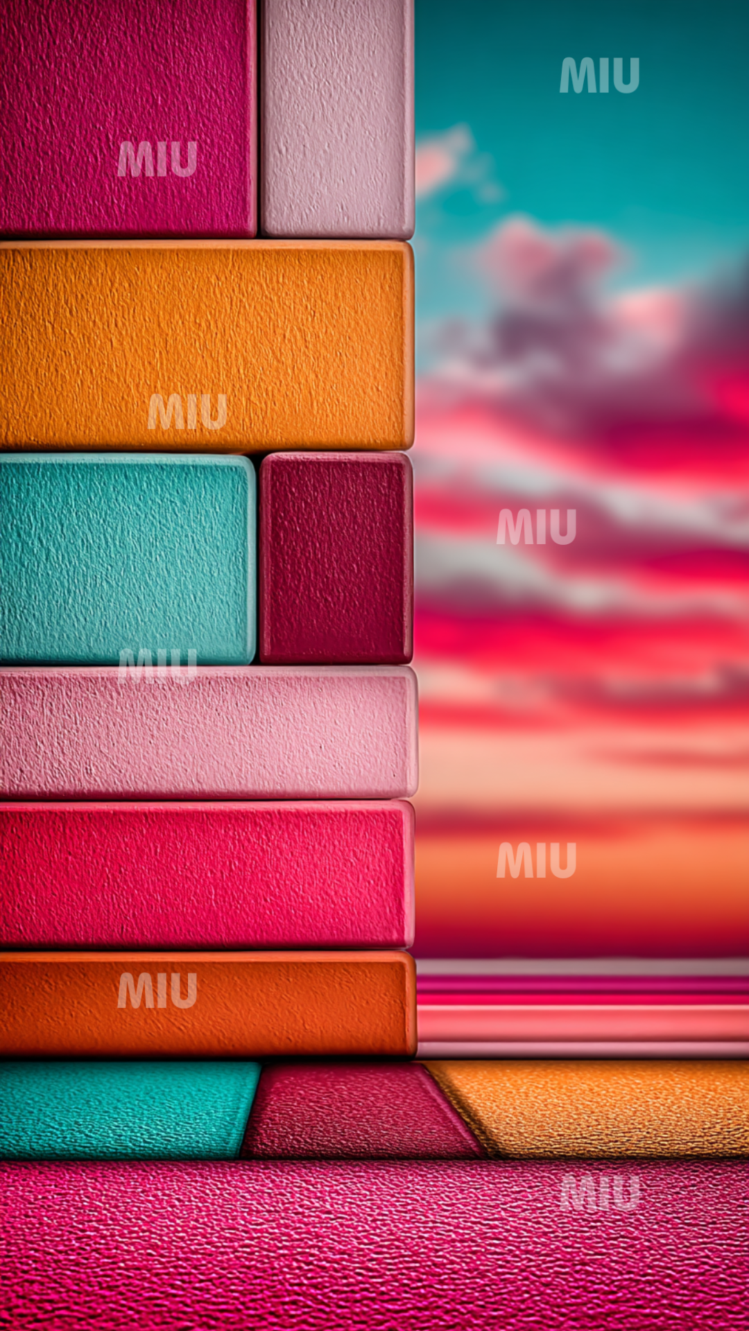 Blocs géométriques pastel superposés avec ciel nuageux rose et textures modernes