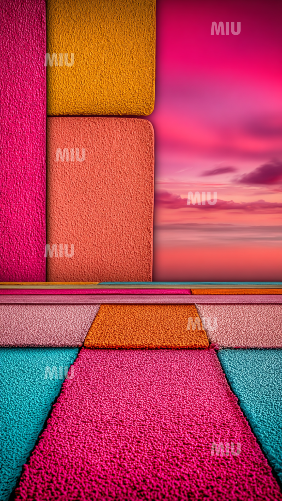 Composition intense mêlant textures turquoise, rose et orange avec horizon lumineux pour une ambiance vibrante et artistique.