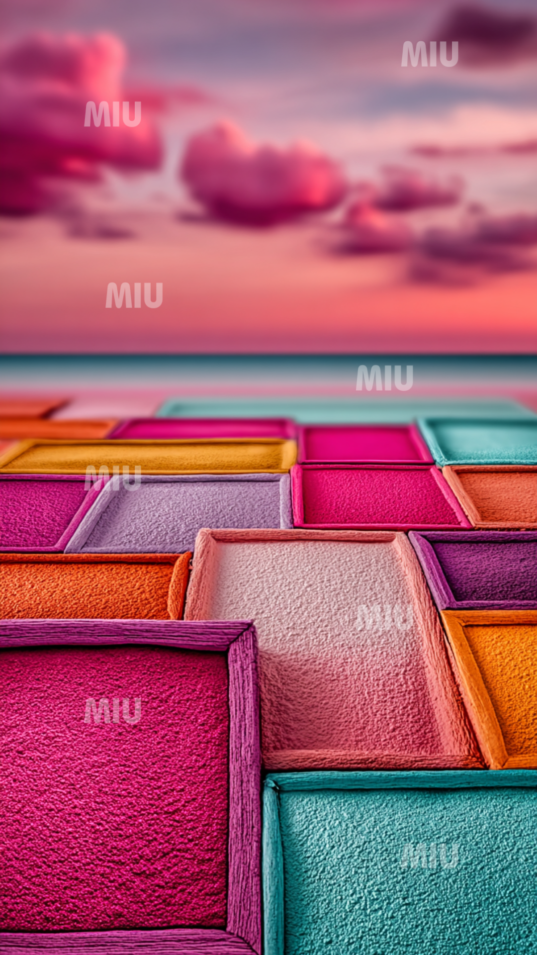 Mosaïque géométrique pastel avec blocs texturés et ciel rose, turquoise et saumon.