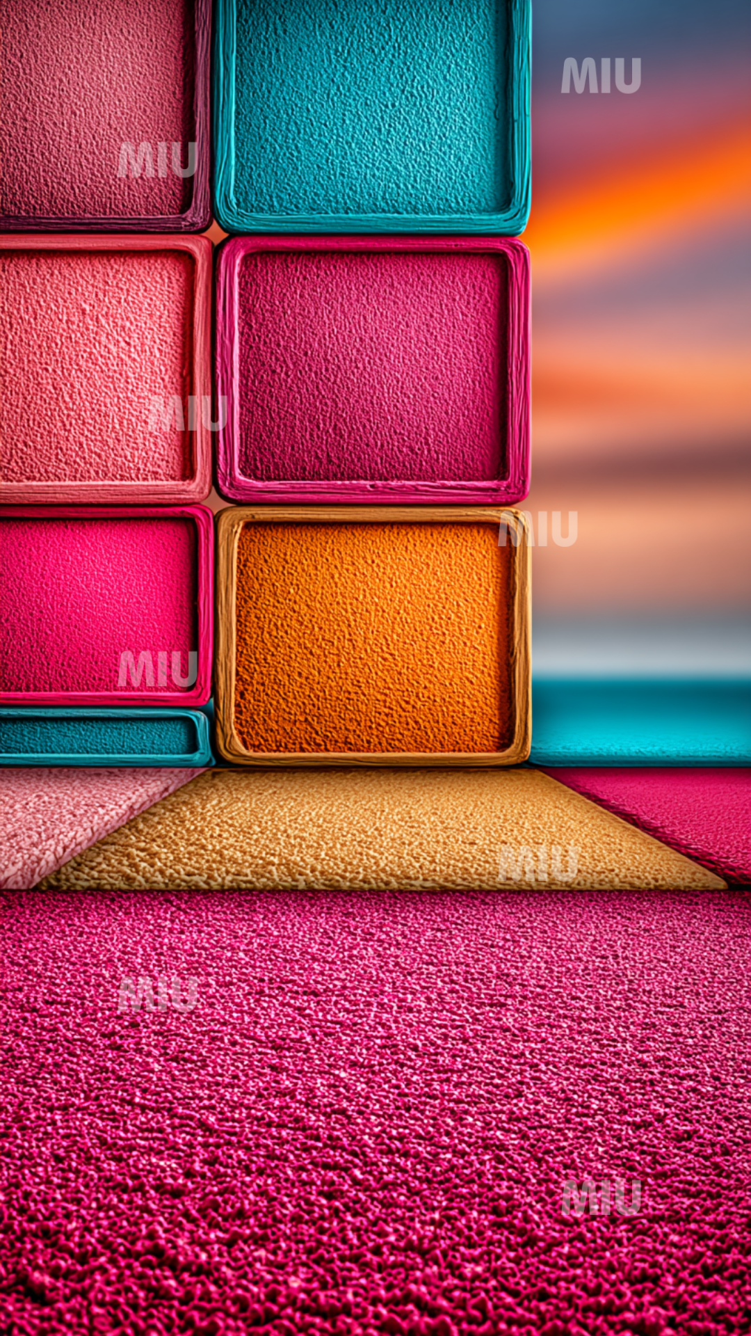 Composition géométrique pastel avec blocs texturés rose, turquoise et orange, surmontés d’un ciel nuageux aux tons doux.