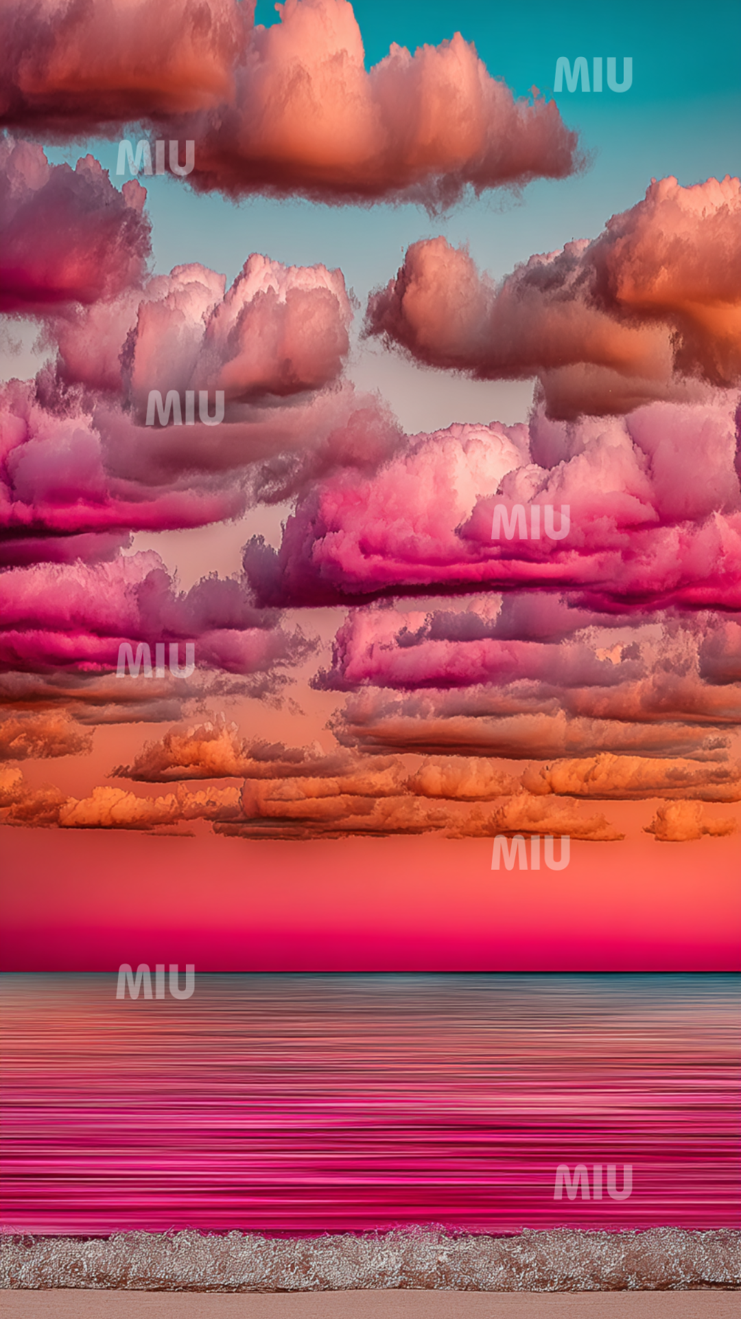 Ciel nuageux rose et orange avec lignes pastel horizontales offrant une composition douce et immersive.