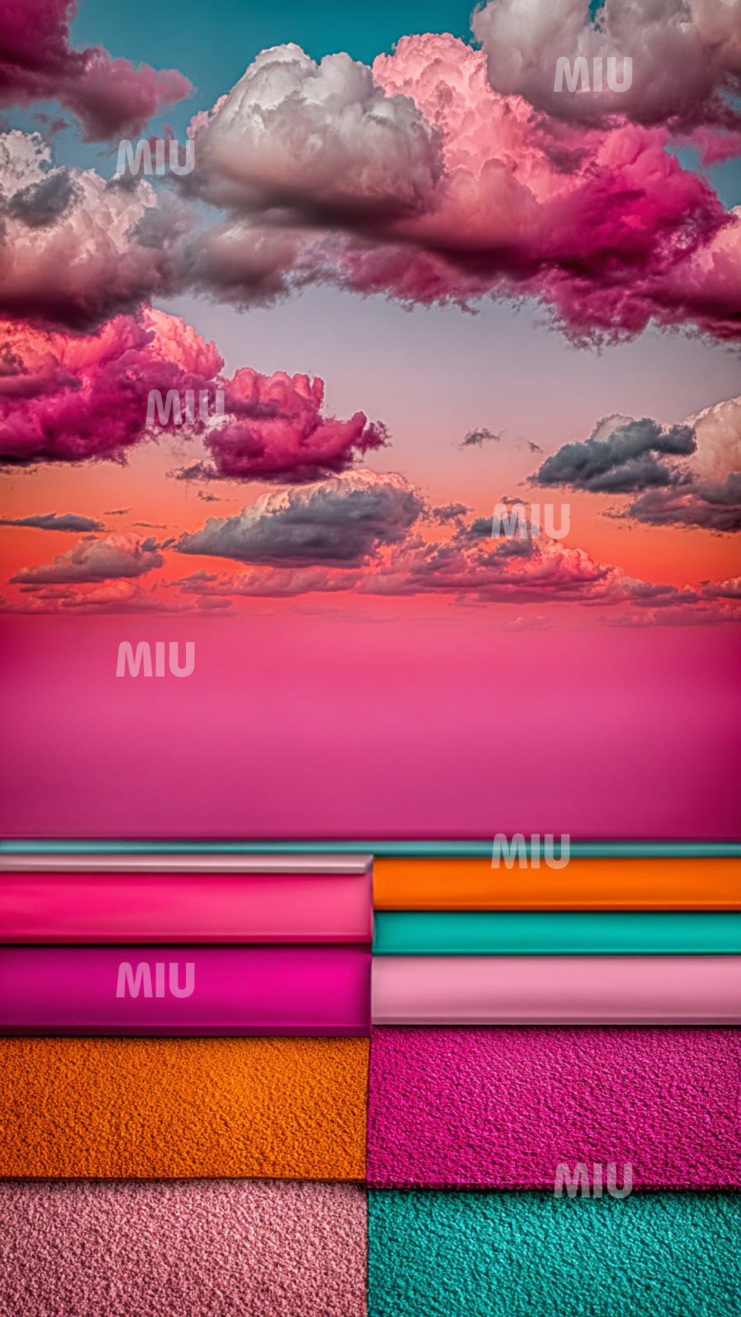 Visuel pastel avec horizon marin rose-orangé et textures géométriques colorées pour une ambiance douce et lumineuse.