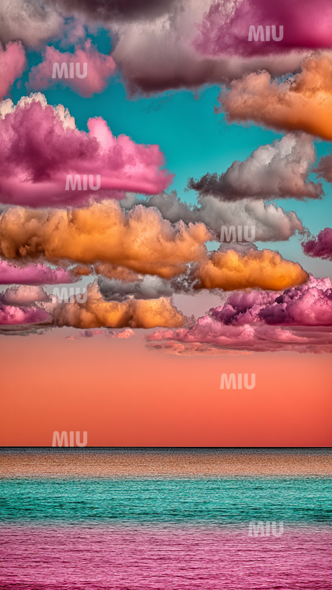 Superposition de bandes colorées évoquant un ciel vibrant rose et corail avec mer turquoise.