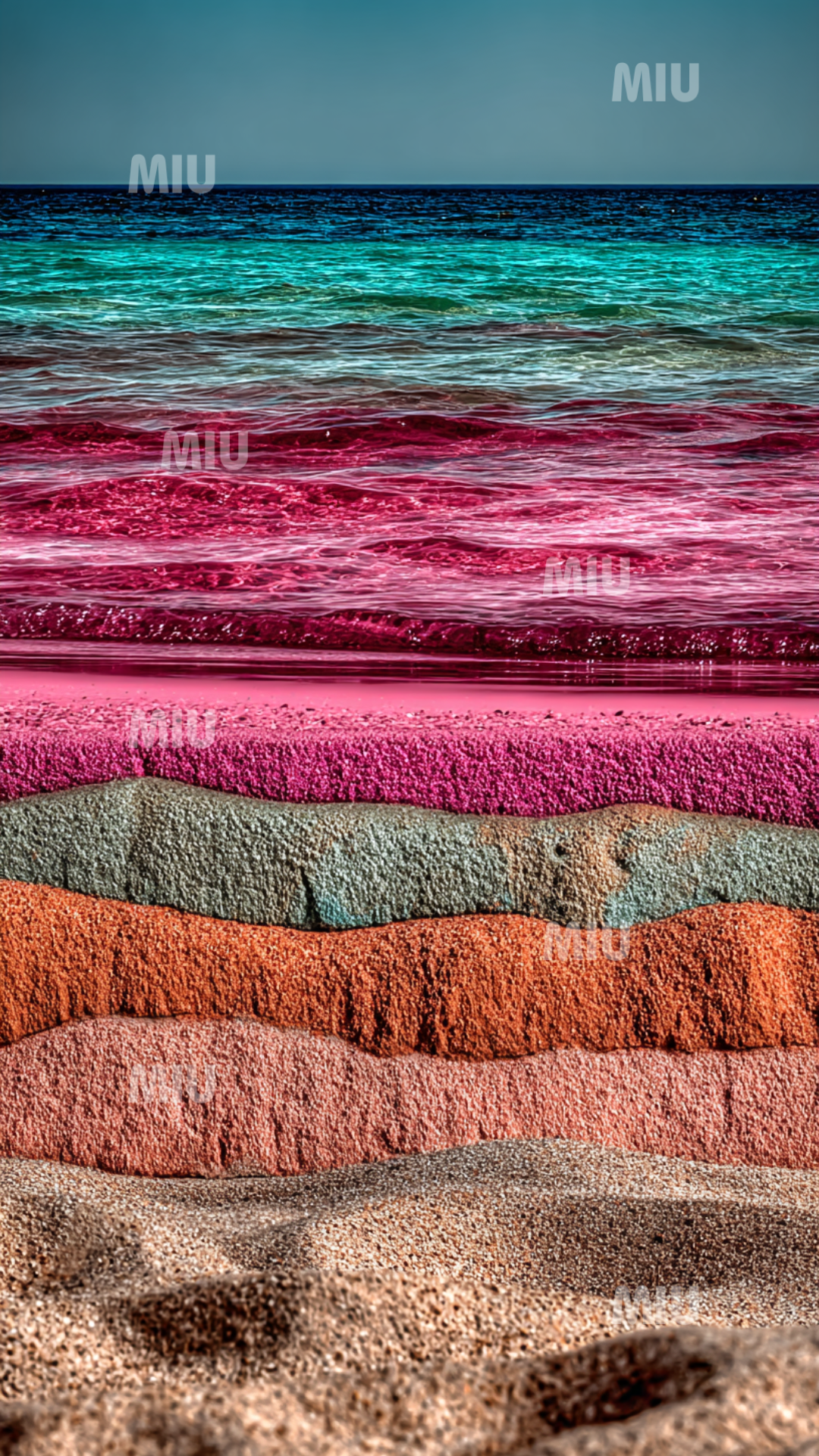 Dégradé d’horizons rose, orange et turquoise avec nuages fluffy et textures sableuses.