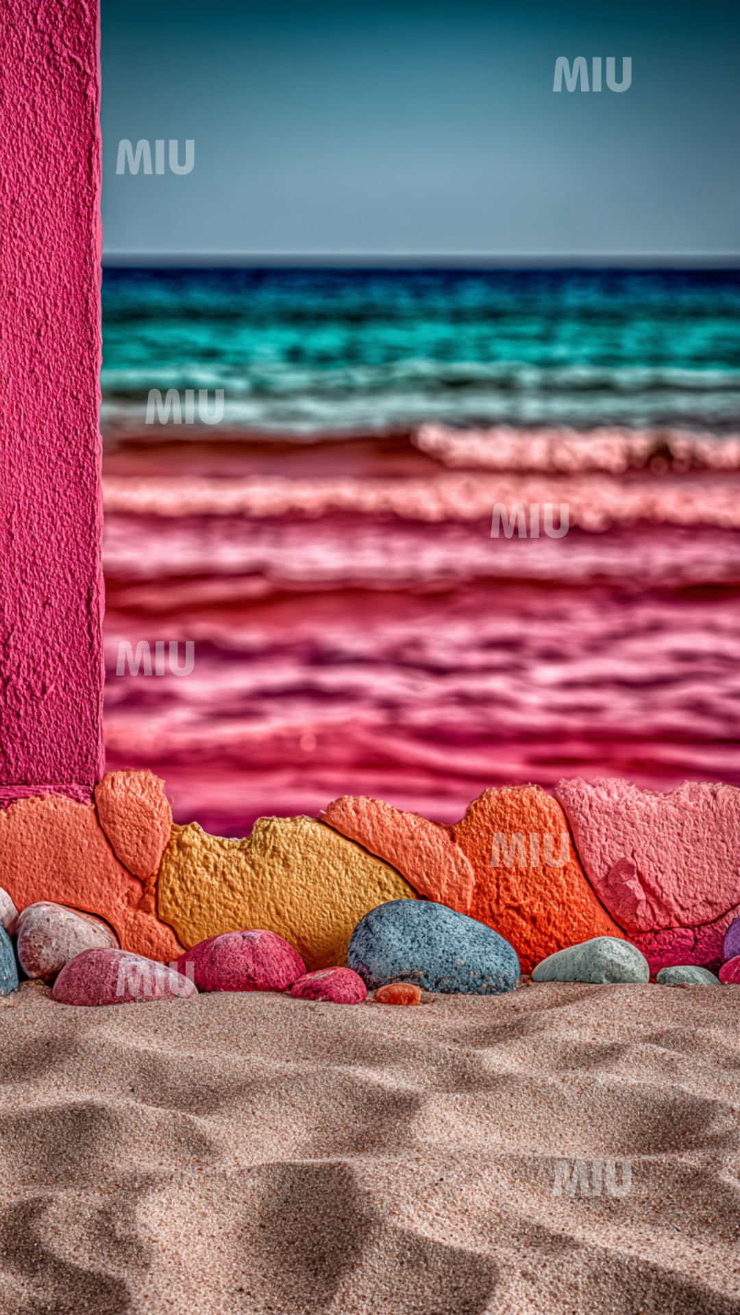 Ciel pastel rose et violet au-dessus de couches texturées fuchsia et orangées.