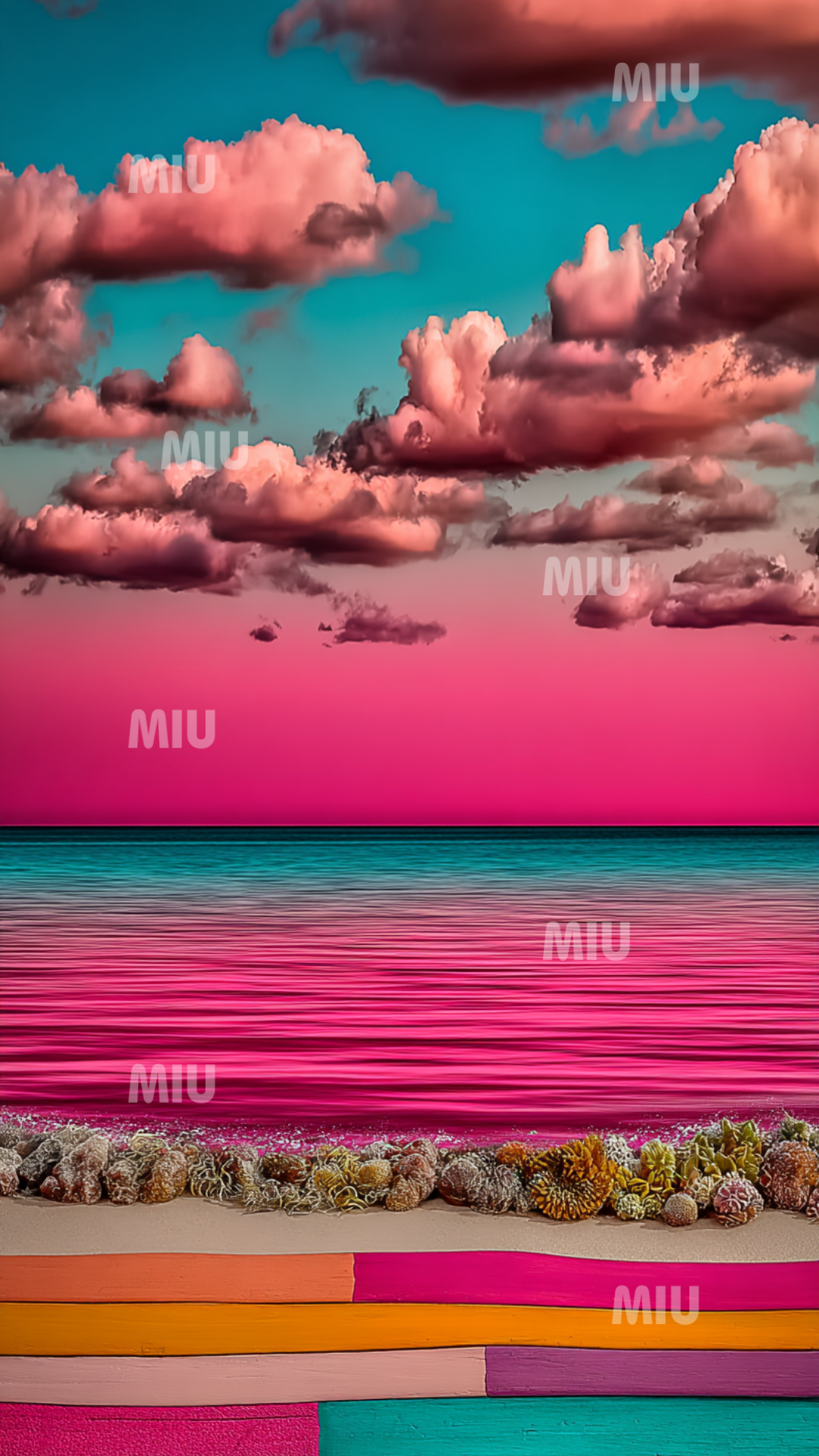 Rochers texturés rouges et beige encadrant une mer turquoise et un horizon rosé.