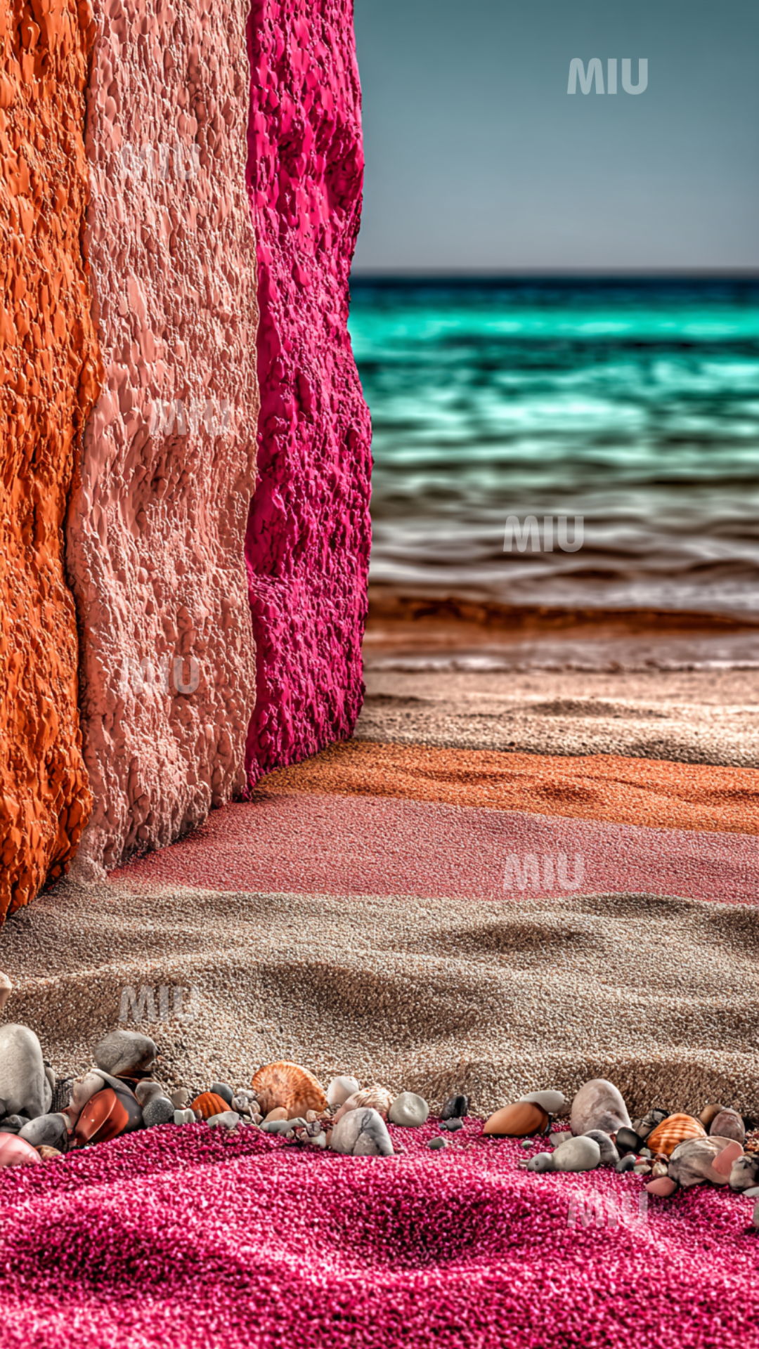 Plage en strates colorées turquoise, rose et sable avec mer calme et ciel pastel.