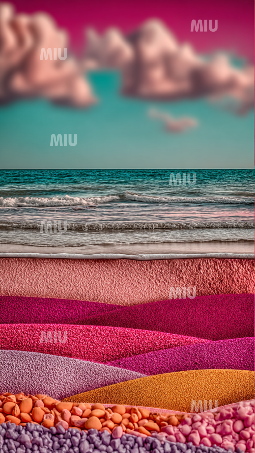 Ciel turquoise avec nuages roses lumineux au-dessus d’un littoral fuchsia.