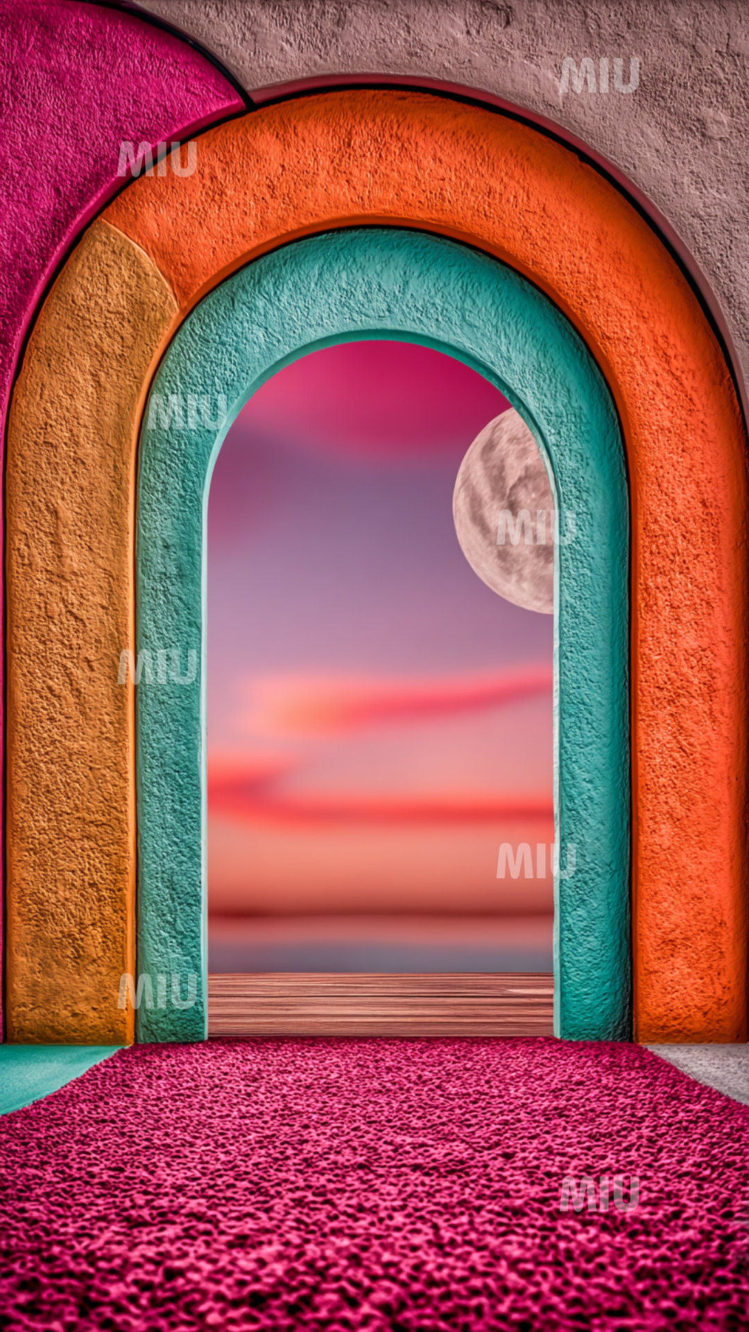 Arc architectural multicolore encadrant un coucher de soleil rose et turquoise, lune visible en arrière-plan et textures chromatiques MIU créant un passage visuel vers l’horizon.