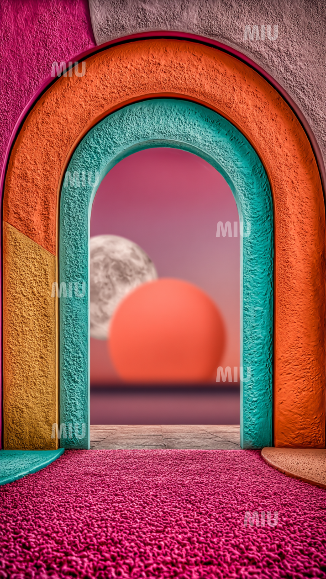 Arche géométrique encadrant un horizon où soleil rose et lune pâle coexistent, textures MIU colorées orange, rose et turquoise pour une composition céleste rare.