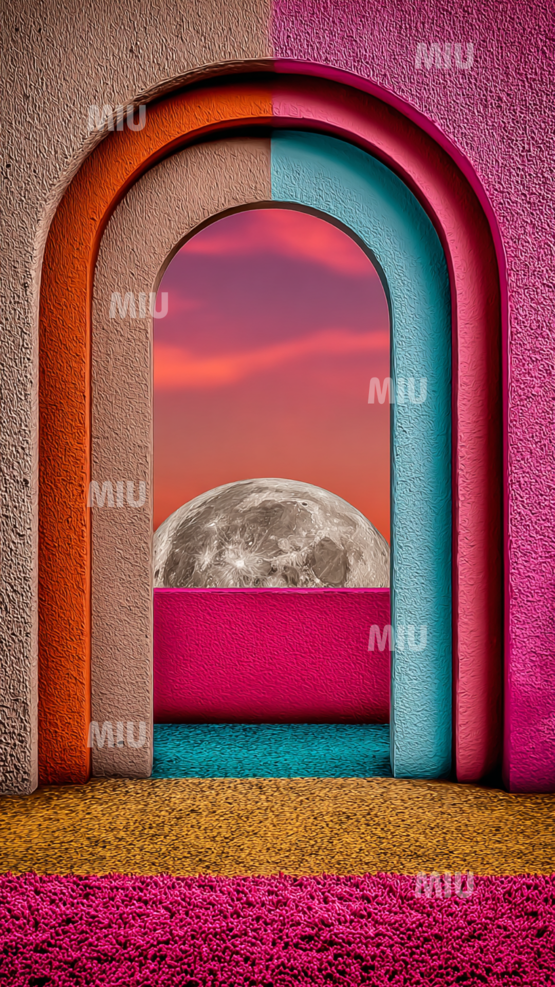 Arche verticale rose et bleu entourée de textures poudrées, dévoilant un paysage océanique calme avec lune lumineuse et ciel dégradé dans des couleurs MIU vibrantes.