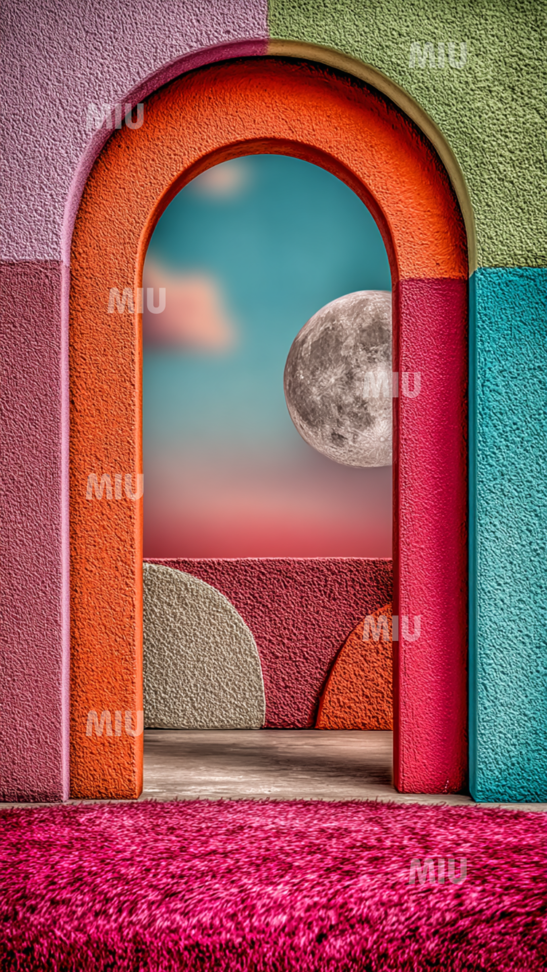 Arche minérale aux textures roses, orangées et turquoise s’ouvrant sur un paysage marin doux, lune voilée dans un ciel pastel créant une ambiance mystique et apaisante.