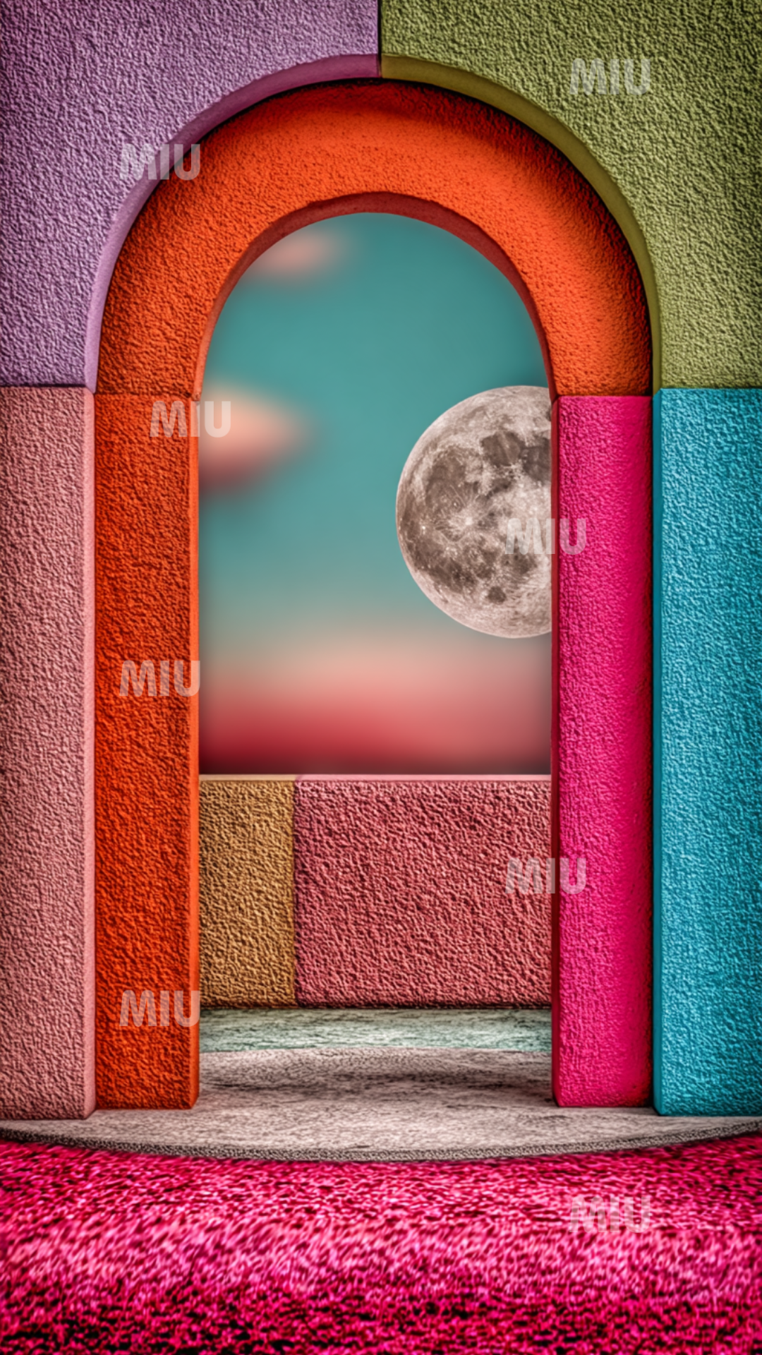 Portail texturé vert, rose et orange ouvrant sur une mer turquoise sous un ciel peach-pink, lune suspendue créant une scène lunaire harmonieuse et poétique.