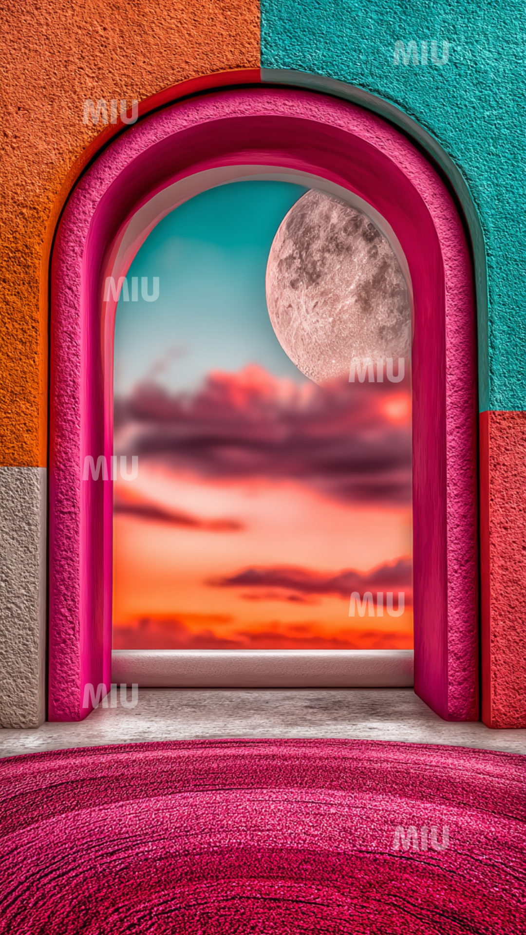 Portail sculpté orange et rose donnant sur une mer turquoise et la lune flottant dans un ciel pastel.