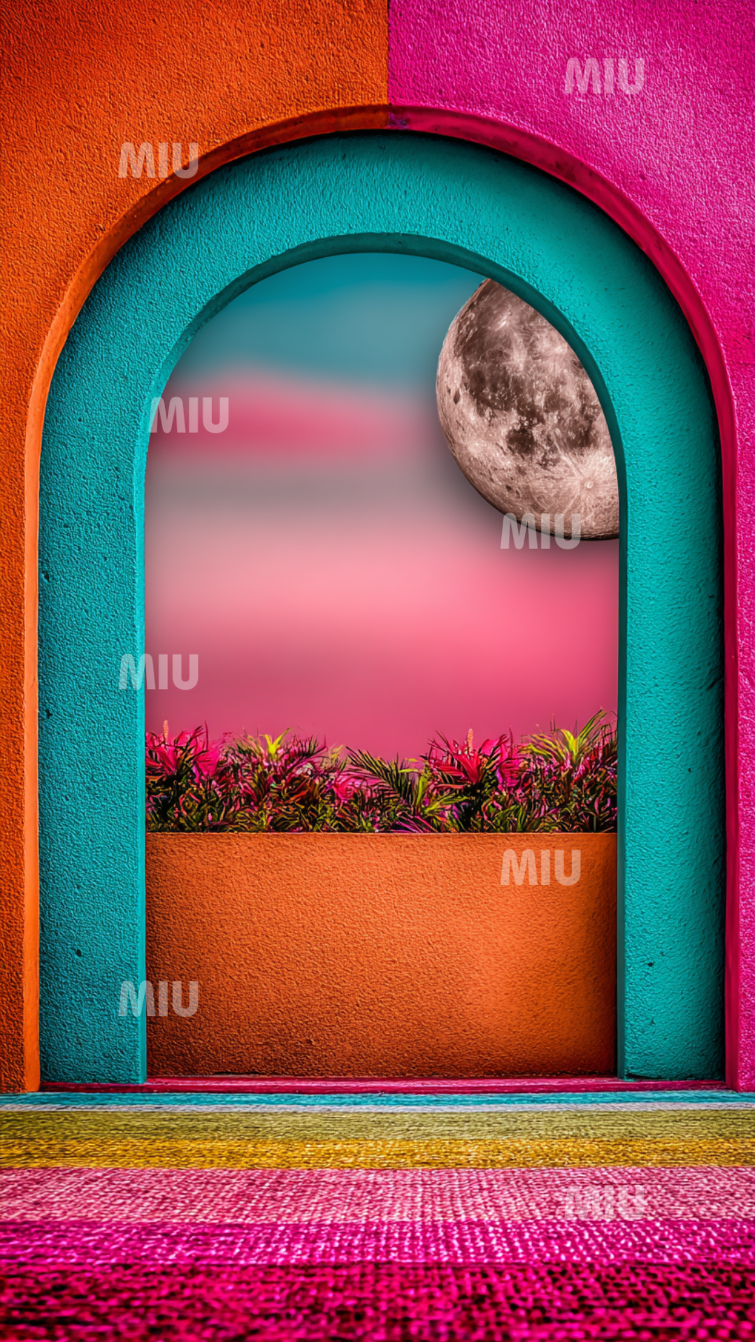 Arche turquoise et corail révélant un paysage lunaire doux, teintes rosées et textures vibrantes dans le style MIU.