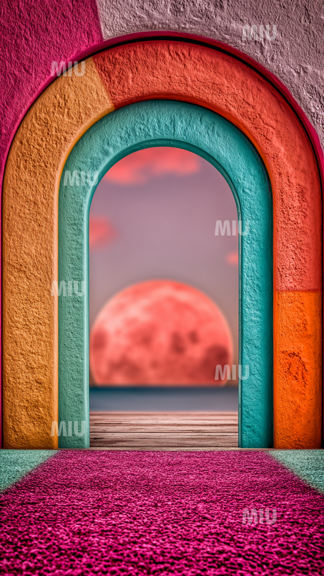 Arche chromatique rose et turquoise ouvrant sur un horizon lunaire pastel, avec textures MIU et ambiance douce au coucher de soleil.