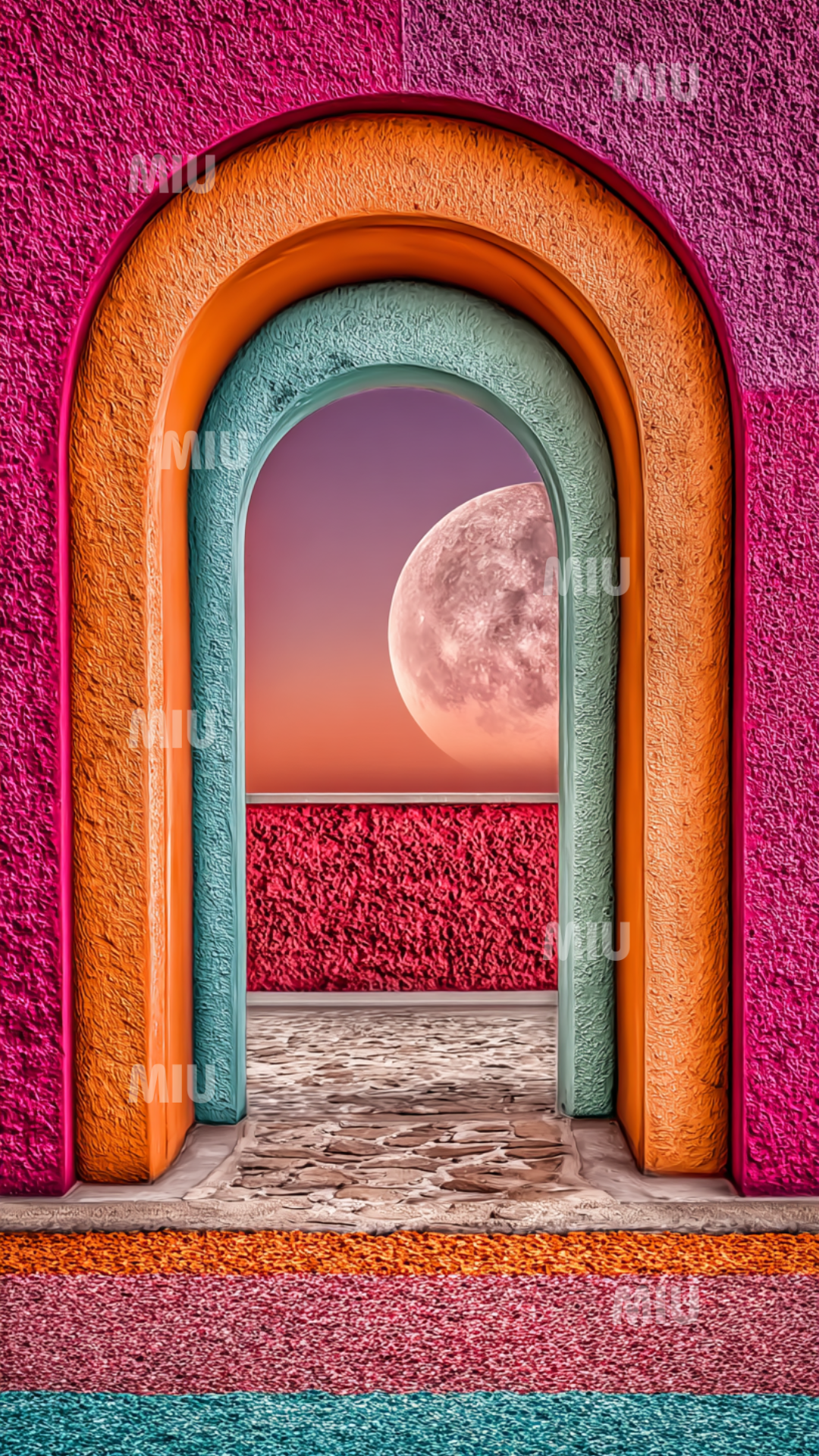 Portail multicolore texturé encadrant une pleine lune dans un ciel rose-orange, avec sol texturé signature MIU.