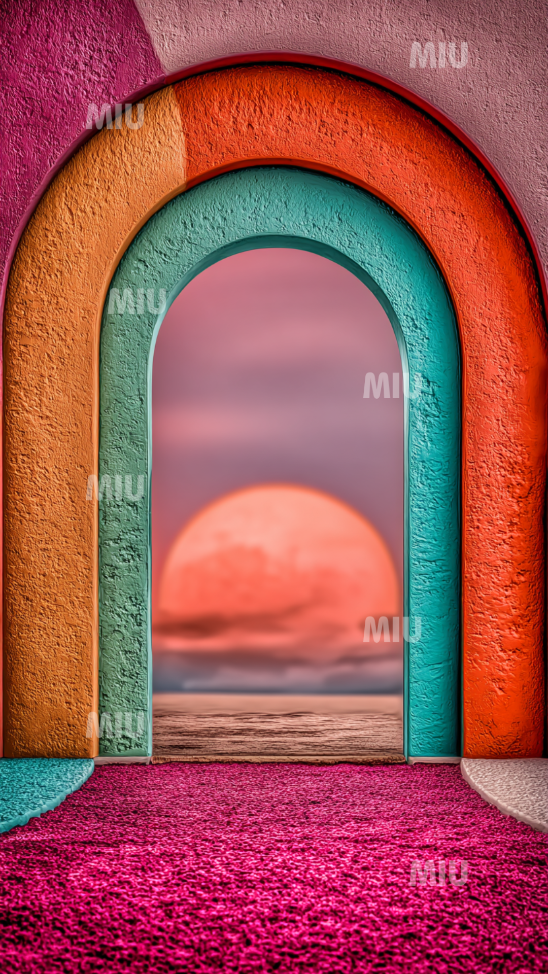 Arche corail et bleu turquoise ouvrant sur une mer rosée et la lune argentée, avec textures sculptées lumineuses.