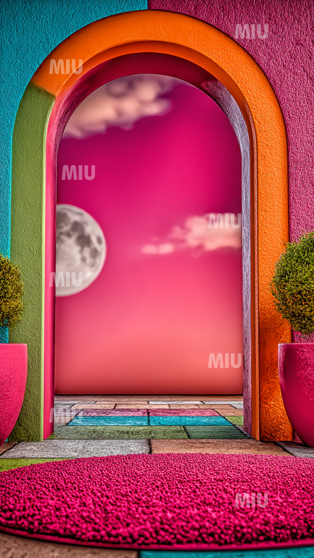 Portail vibrant orange, turquoise et fuchsia montrant un coucher de soleil rose et une lune brillante dans un horizon pastel.