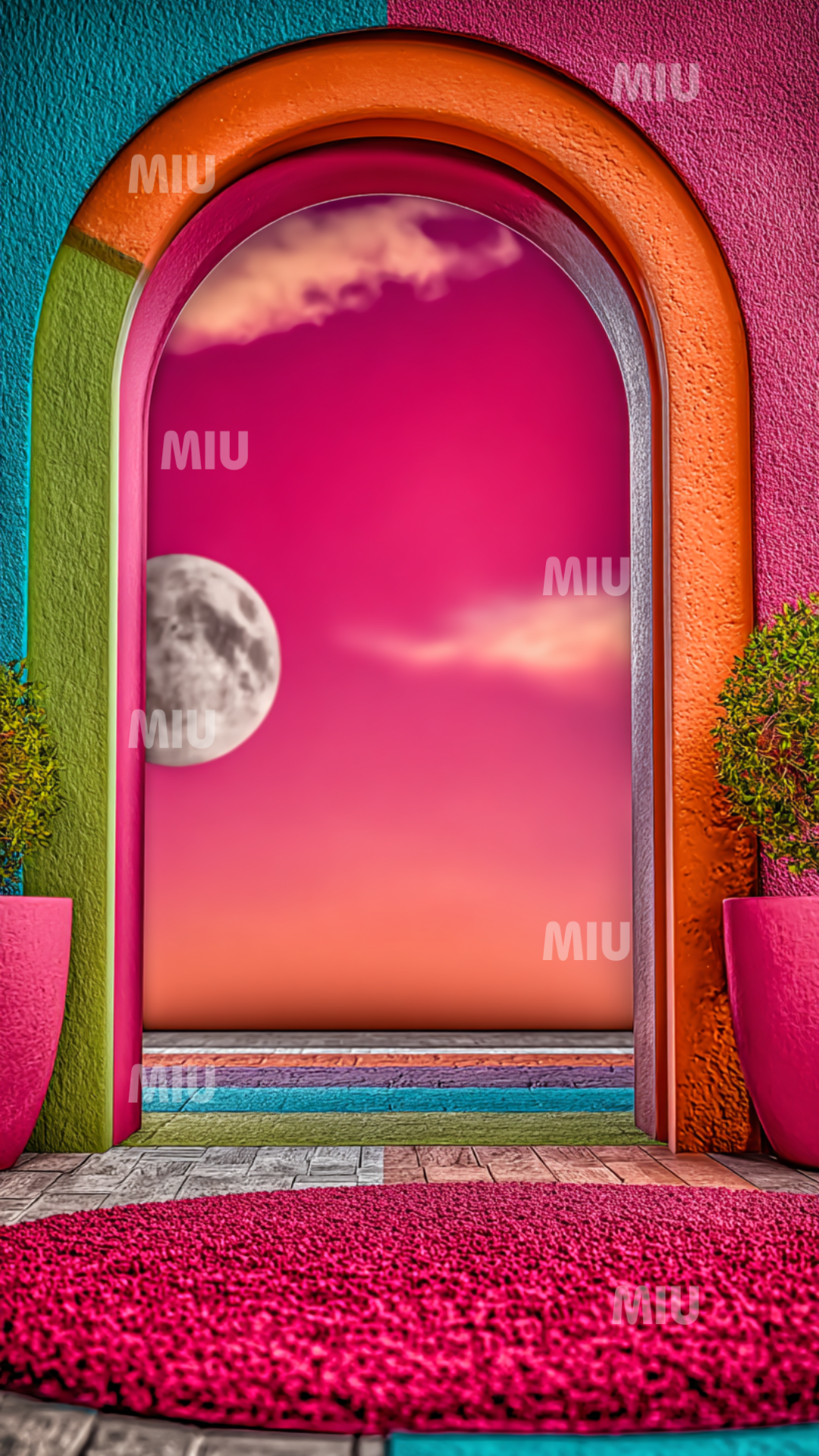 Portail rose vif et rouge encadrant un horizon lunaire violet-rose, ambiance magique et onirique signature MIU.